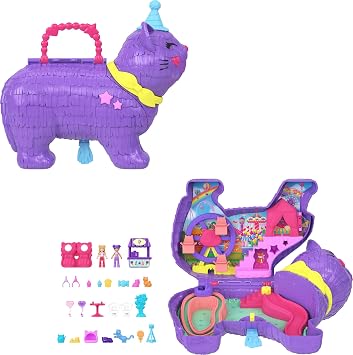 Polly Pocket Micro Dolls & Playset with 23 Surprise Accessories Including Pets, Birthday Party Celebration Kitty Playset, Ferris Wheel Ride