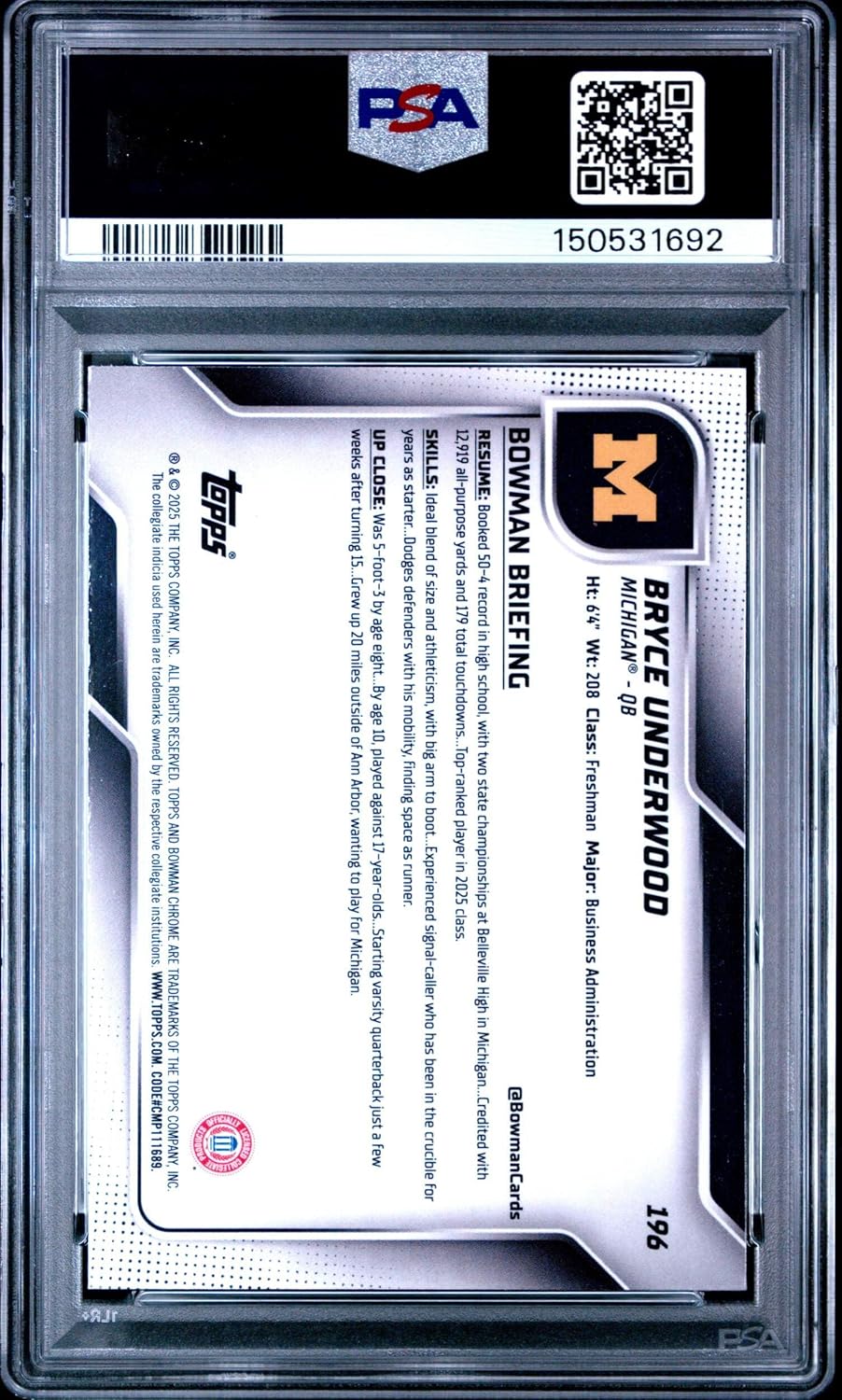 Graded 2025 Topps Bowman University Chrome Bryce Underwood #196 Rookie RC Football Card PSA 9 Mint