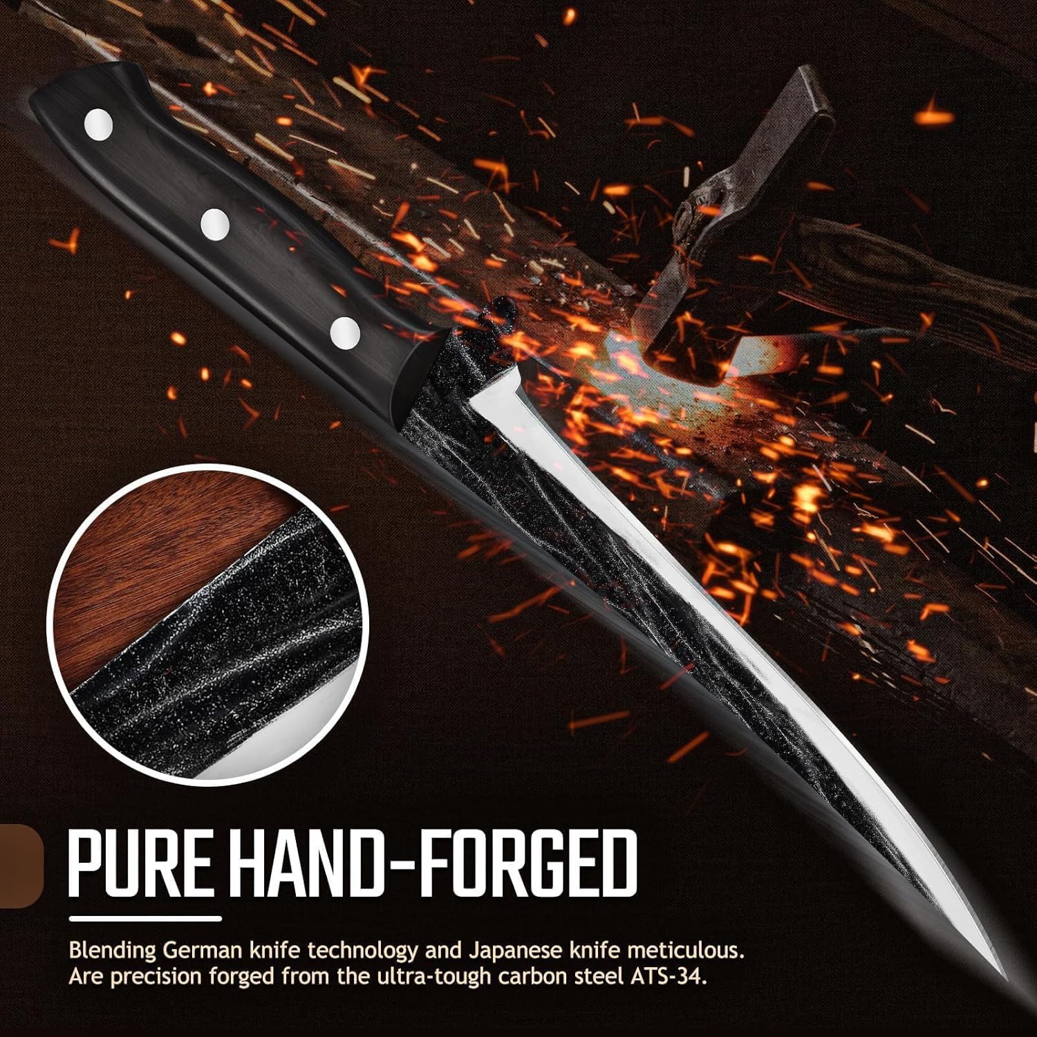 Huusk Fish Fillet Knife with Sheath - Hand Forged 7 Inch Boning Knives for Meat Trimming, Japanese Brisket Trimming Knives with Wooden Handle for Outdoor Camping, Christmas Gift for Men and Women