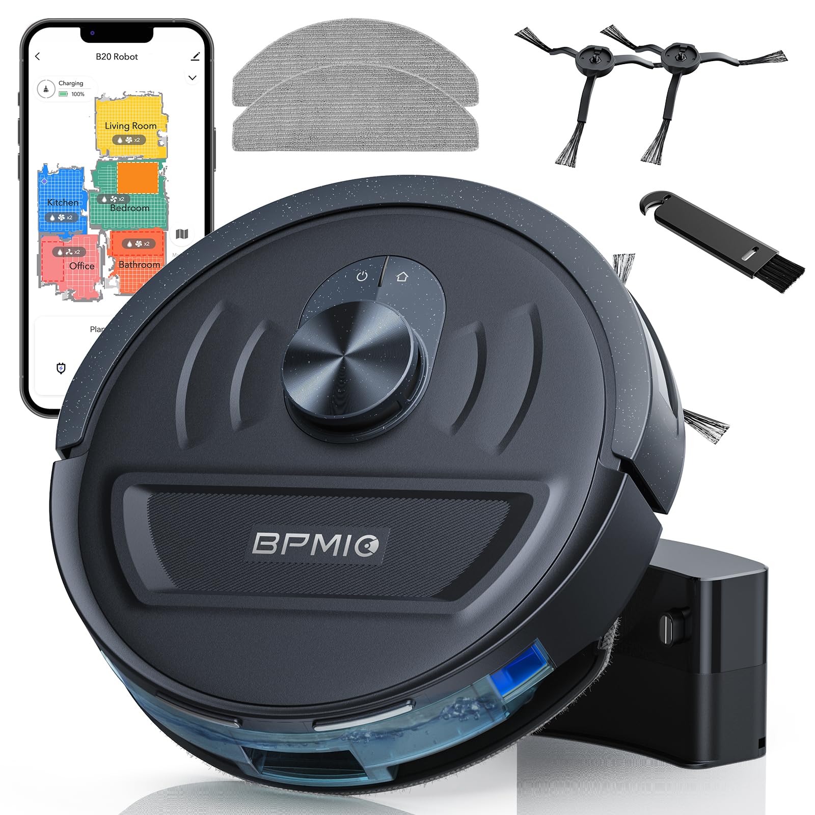 BPMIO Robot Aspirapolvere e Lavapavimenti con 5500Pa di Aspirazione, Navigazione LiDAR, 120 Minuti di Autonomia, Compatibile con Alexa/WiFi/App, Ottimo per Pelo di Animali e Pavimenti Duri