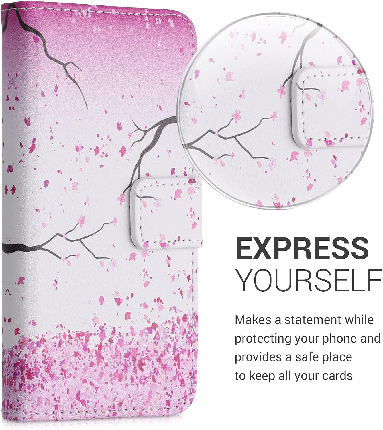 kwmobile Wallet Case Compatible with Alcatel 1 (5.0") Case for Phone - Cherry Blossoms Pink/Dark Brown/White