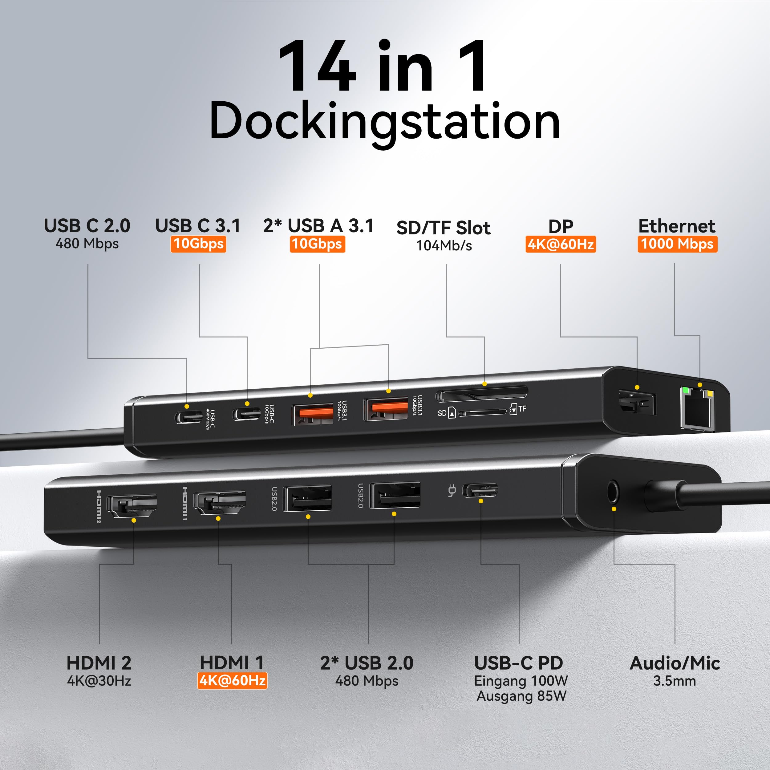 Docking station laptop 2 monitor, docking station 14 in 1 triplo display | Adattatore hub USB C con due HDMI, DisplayPort, Ethernet, PD, 10 Gbps USB C/A, slot per schede SD TF, audio