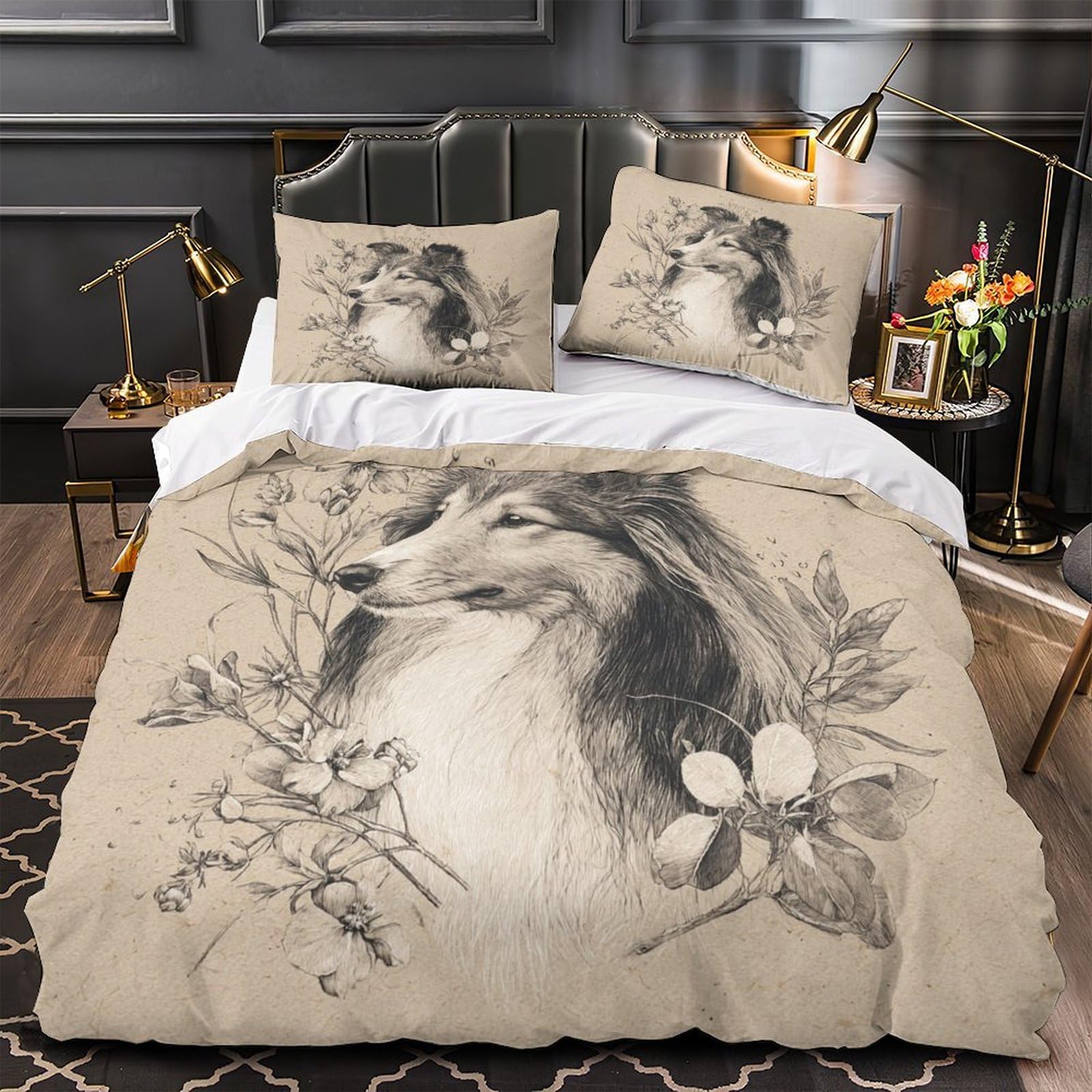 Housse de couette imprimé en 3D chien avec 2 taies d'oreiller lit enfant single