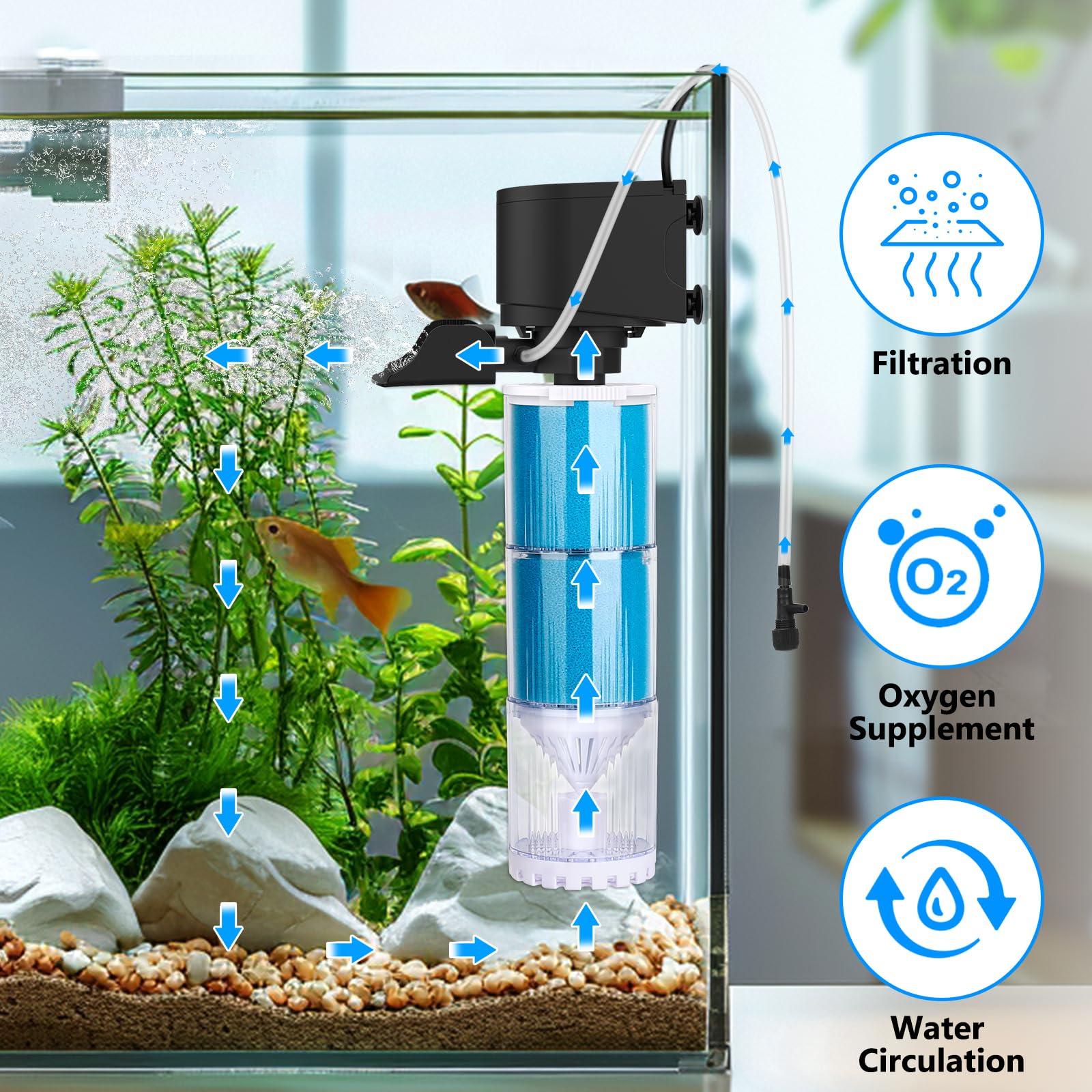 fishkeeper Filtre Aquarium, 570 L/H Débit Réglable Pompe et Filtre pour Aquarium, 4 en 1 Filtre éponge de 10 W avec Compartiment de Filtration, Facile à Nettoyer, pour Aquariums de 300 L