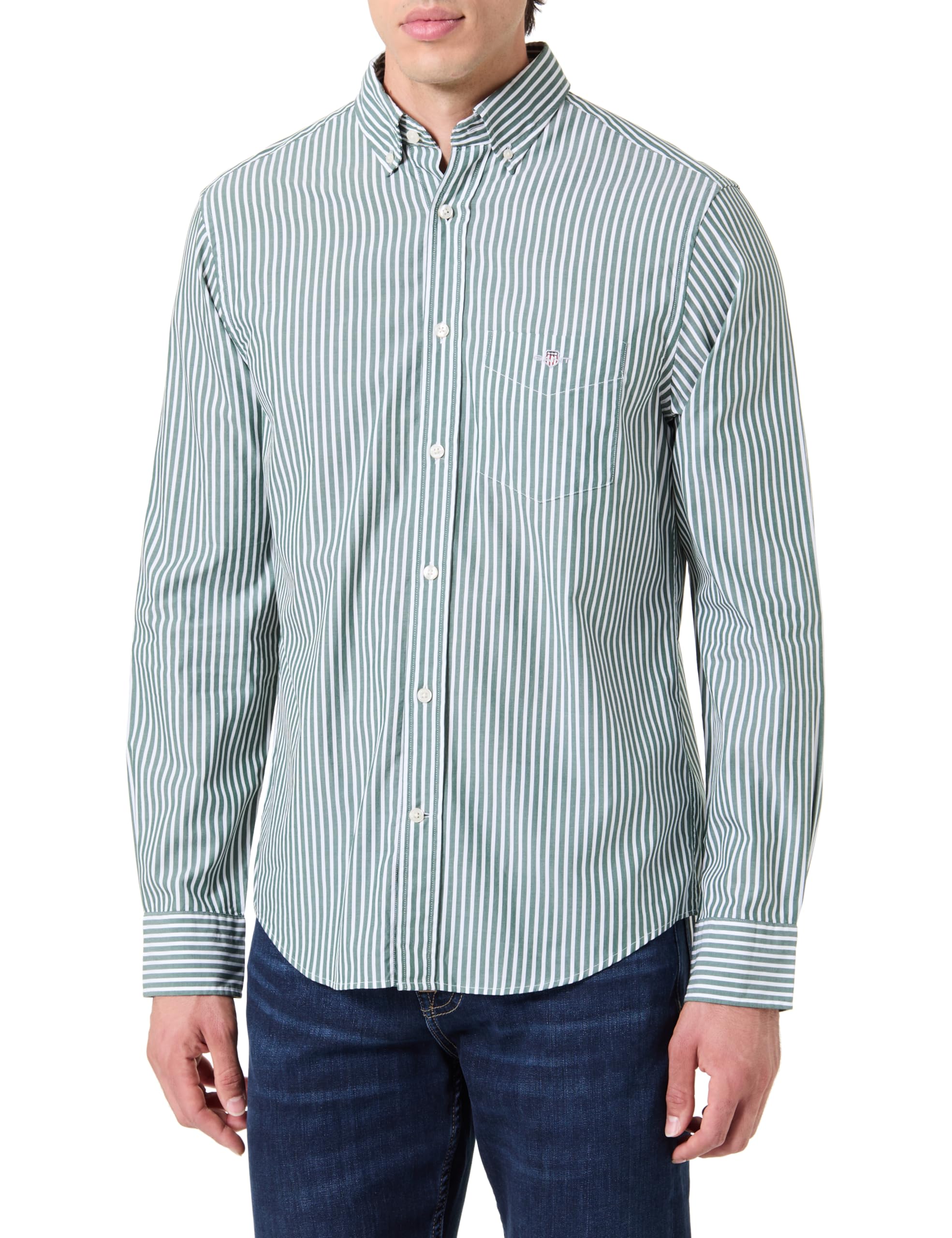 GANT Men's Reg Classic Poplin Stripe Shirt, Green, M