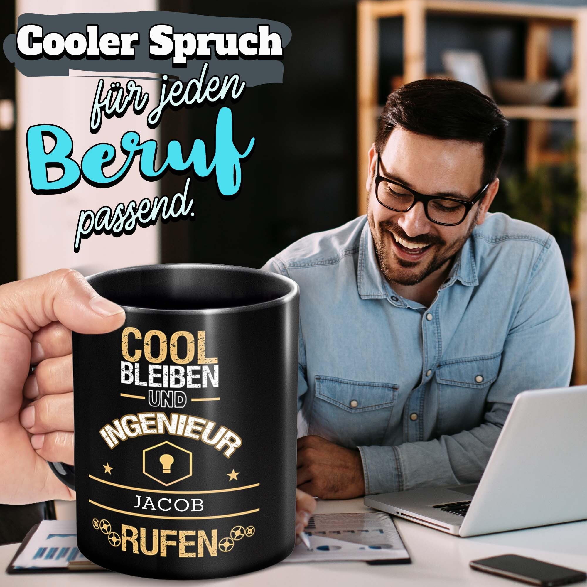 Personalisiert Polizisten Tasse 'Cool Bleiben Und ... Rufen' – Schwarz, 300 Ml, Spülmaschinengeeignet