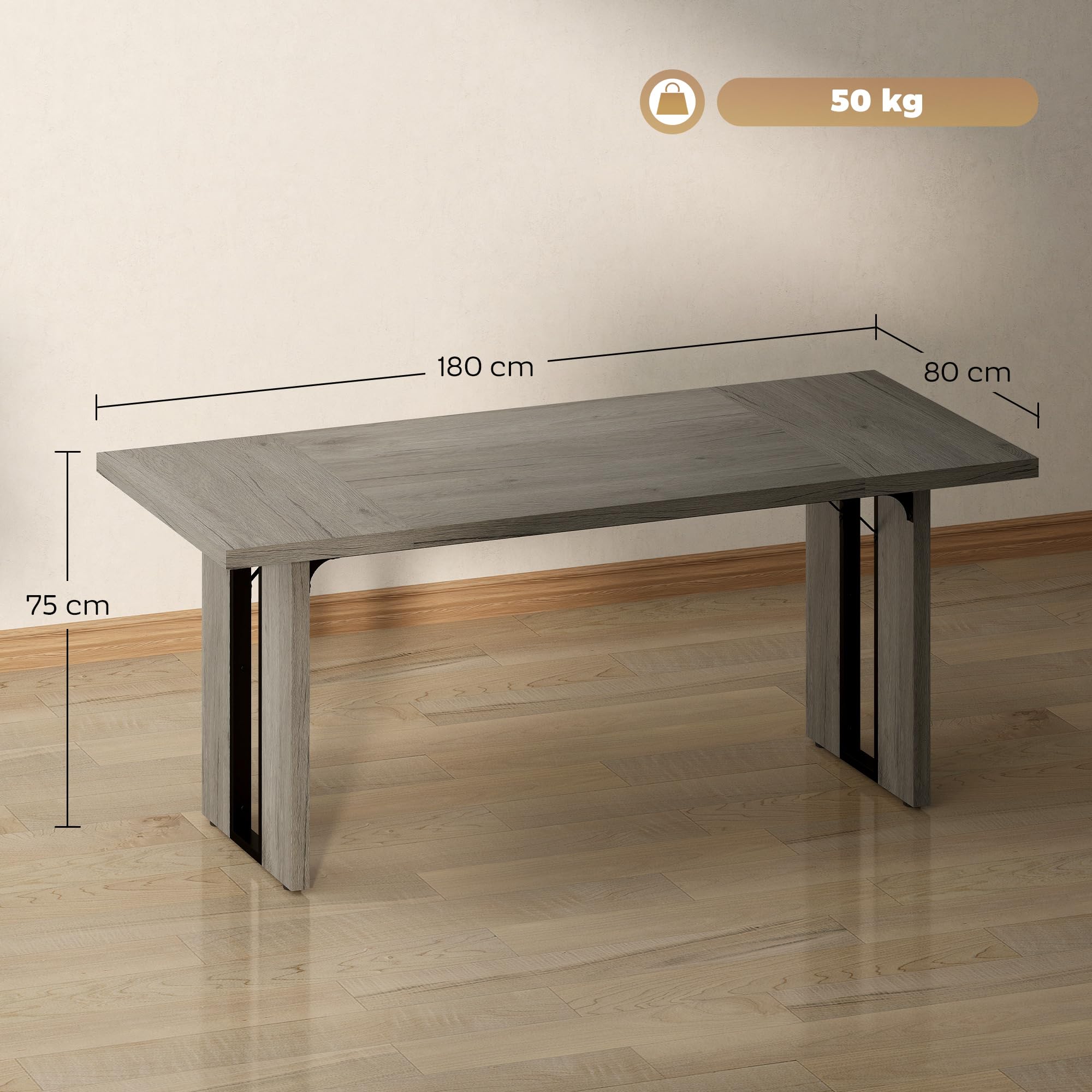 HOMCOM Tavolo da Pranzo per 8 Persone, Tavolo Cucina con Piano Spesso, Tavolino da Soggiorno e Sala da Pranzo Rettangolare in Stile Industriale, 180x80x75 cm, Grigio