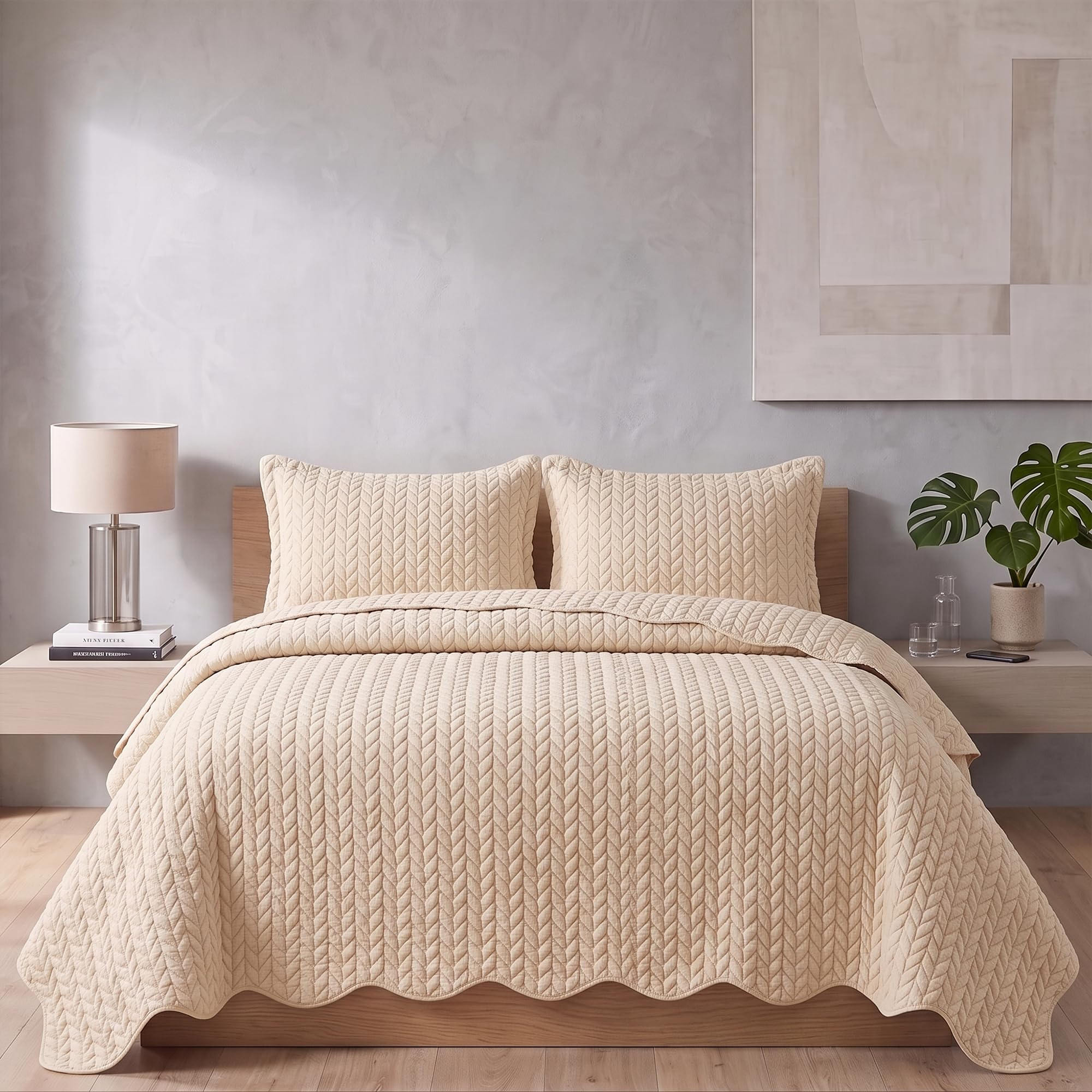 Rugs Garden Leaf Bedspread Bed Throw - Luxury & Stylish Matt Finish Lightweight Reversible Embossed Pattern Bedding Sets (Single, Beige)