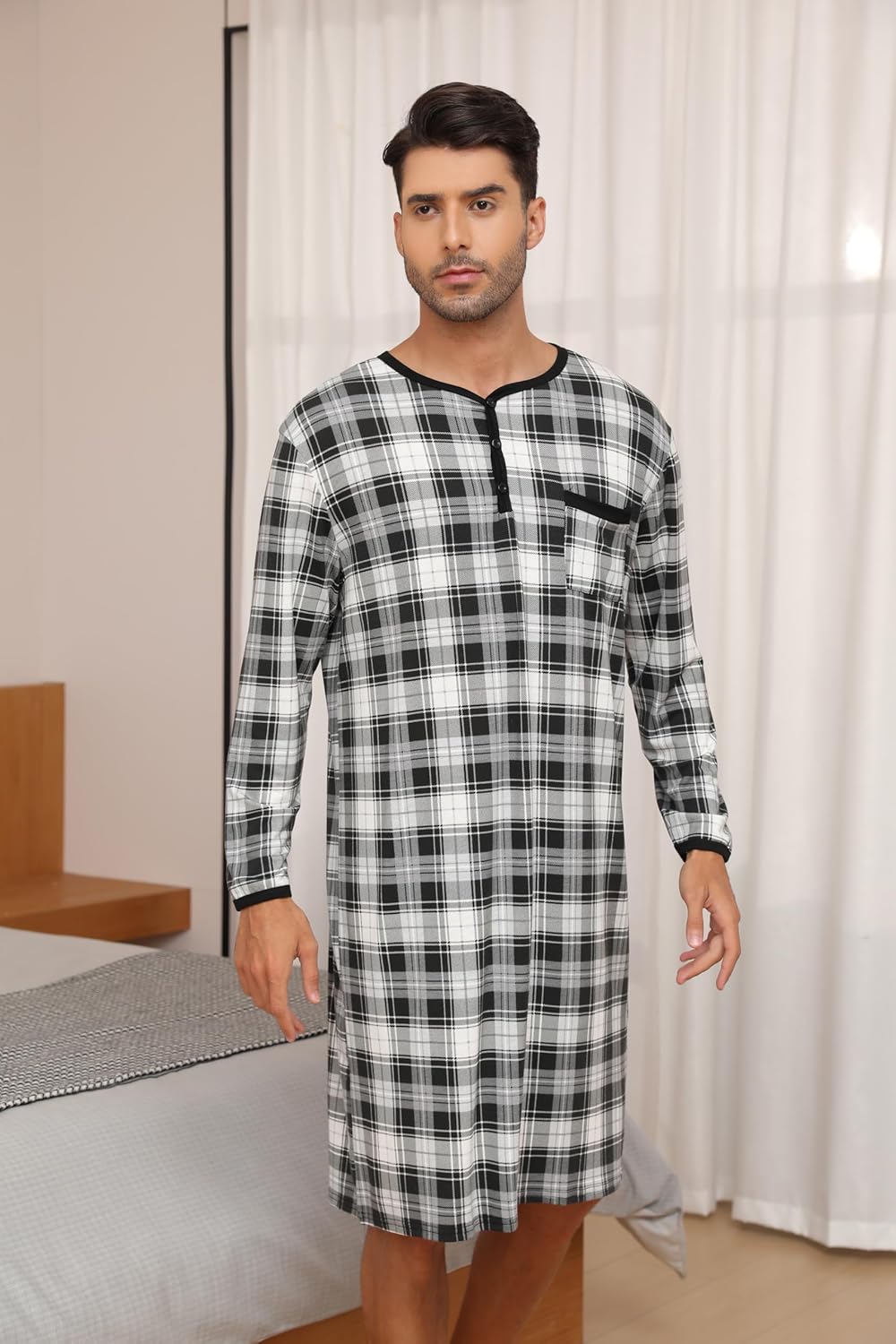 Men's Plaid Long Sleeve Nightshirt Knee-Length Sleepwear with Chest Pocket Sleepwear - Image 2