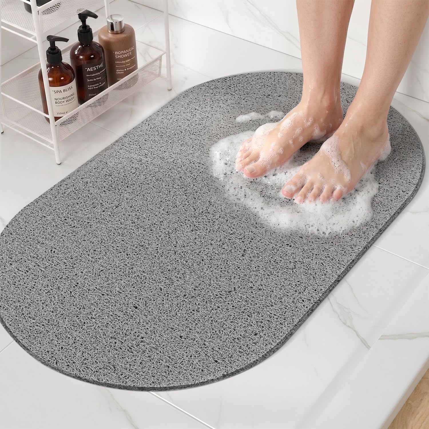 HITSLAM Tapis de Douche Ovale Antidérapant Anti-Moisissure 69x40cm Gris