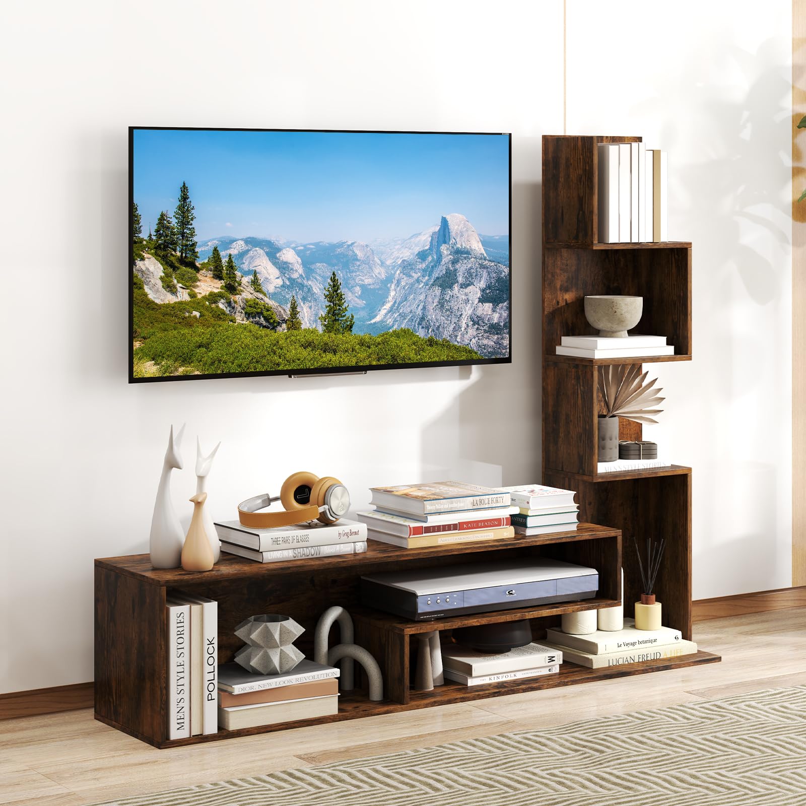 KOMFOTTEU Mobile TV Soggiorno con Mensole a Forma di L e Scomparti Aperti, Mobiletto Multifunzione per Televisione fino a 50”, Mobile Porta TV e Libri in Legno per Camera da Letto, Ingresso (Marrone)