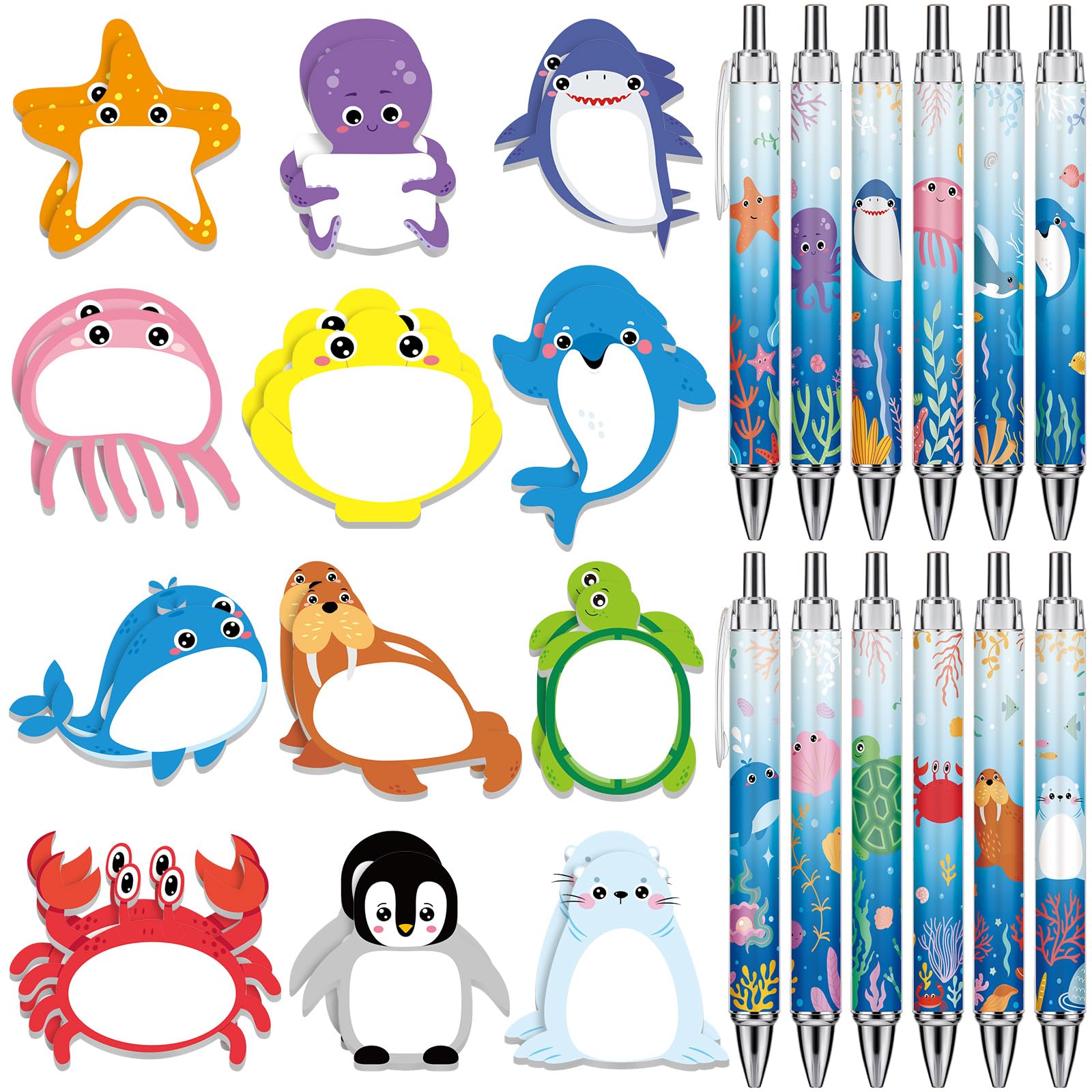 Trandraft 36 Pcs Under The Sea Party Favors Include 24 Animal Sticky Notes Funny Memo Pads and 12 Fish Pens Sea Ballpoint Pens Ocean Party Favors for