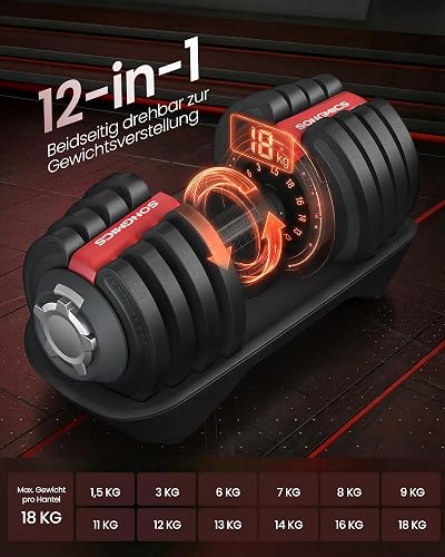 SONGMICS Set of 2 Adjustable Dumbbells, 12-in-1 Weights 1.5-18 kg Each, Quick Dial, Space-Saving, Non-Slip Handle, Storage Tray, Home Gym Strength Training, Black and Red SYL536R101 - 3