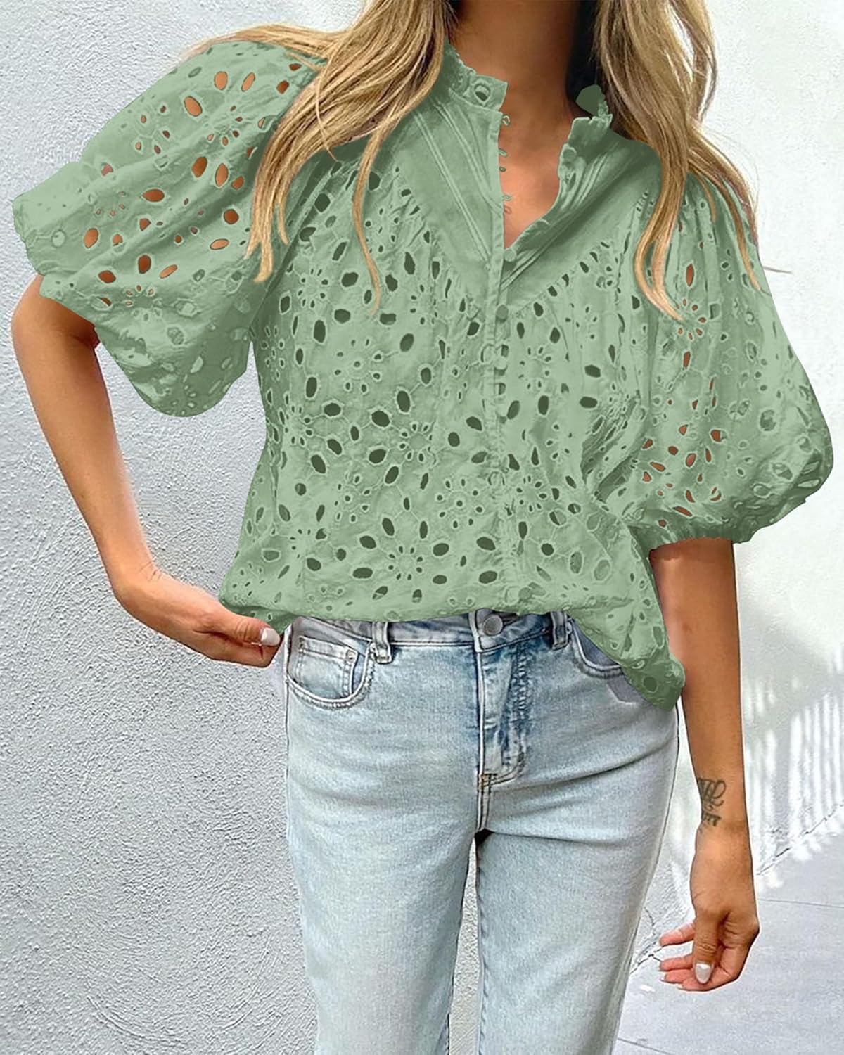 PRETTYGARDEN Women's Summer Tops 2026 Dressy Casual Short Sleeve V Neck Buttons Hollow Eyelet Lace Embroidered Blouses Shirts