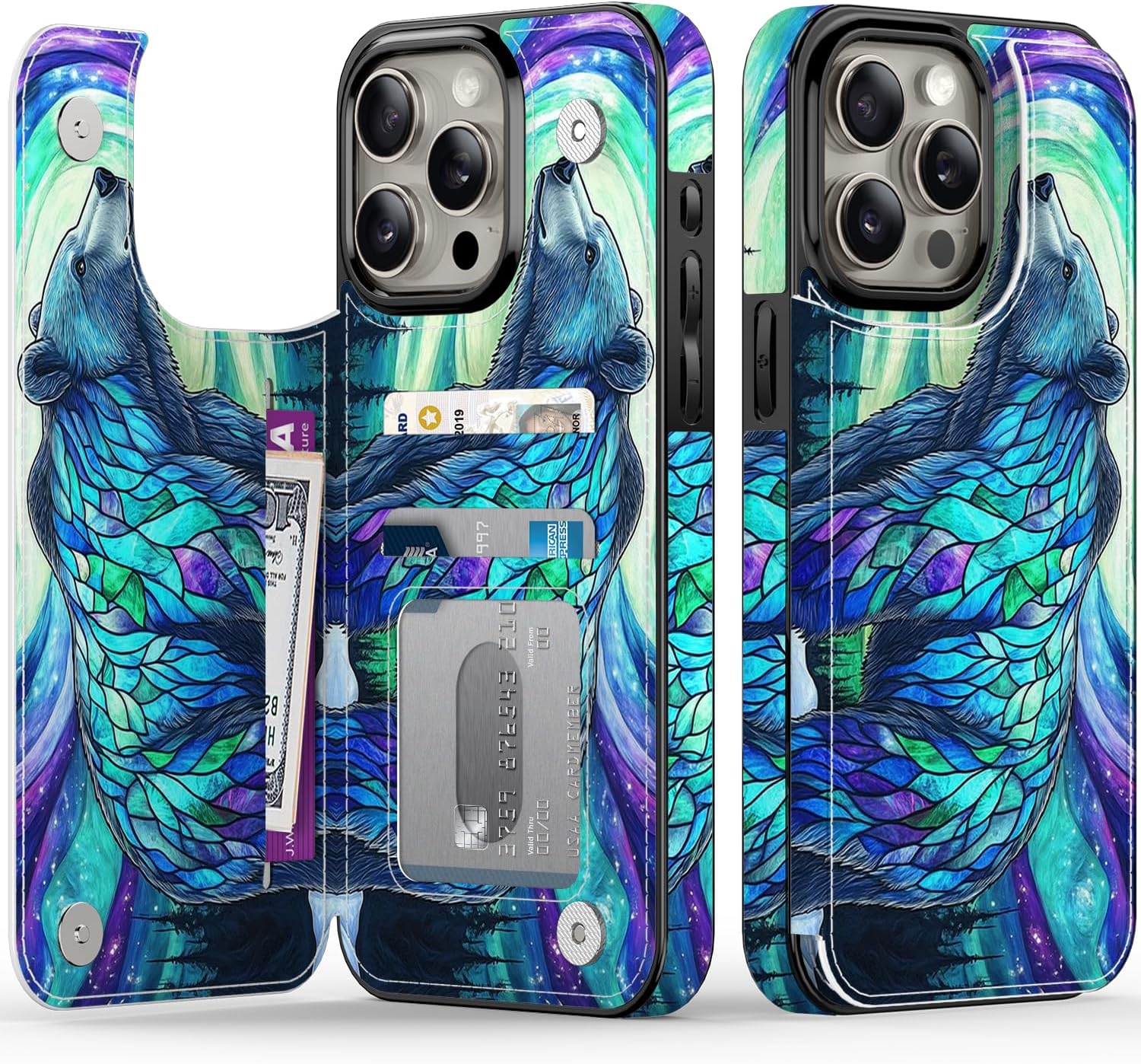 FUNMIKO for iPhone 14 Pro Wallet Case with Card Holder, RFID-Blocking, Military-Grade Protection & UV-Printed Artwork, Magnetic Closure with Leather Kickstand - Prismatic Aurora Bear