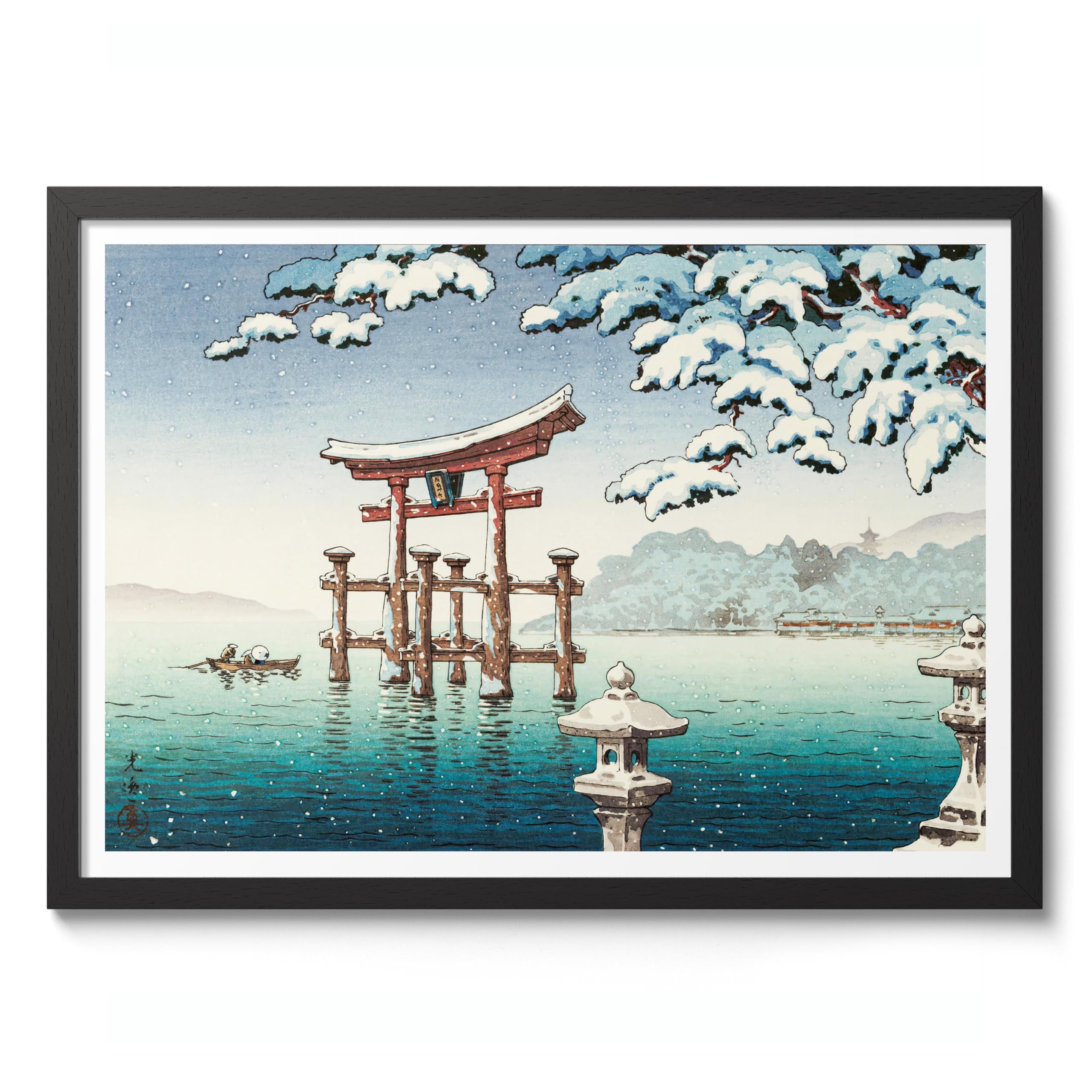 Miyajima In Snow Tsuchiya Koitsu Poster, Japanese Woodblock Ukiyo-E Print, Vintage Art Picture Painting Wall Art Exhibition Home Decor, A5 (Black Frame) - 24.1x17.9cm