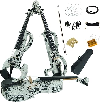 Aliyes Wood Electric Violin Full Size 4/4 Advanced Intermediate Electric Silent White Flowers Violin Kit With Case,Bow,Rosin,headphones,Shoulder Rest,StringsALDSG-1310