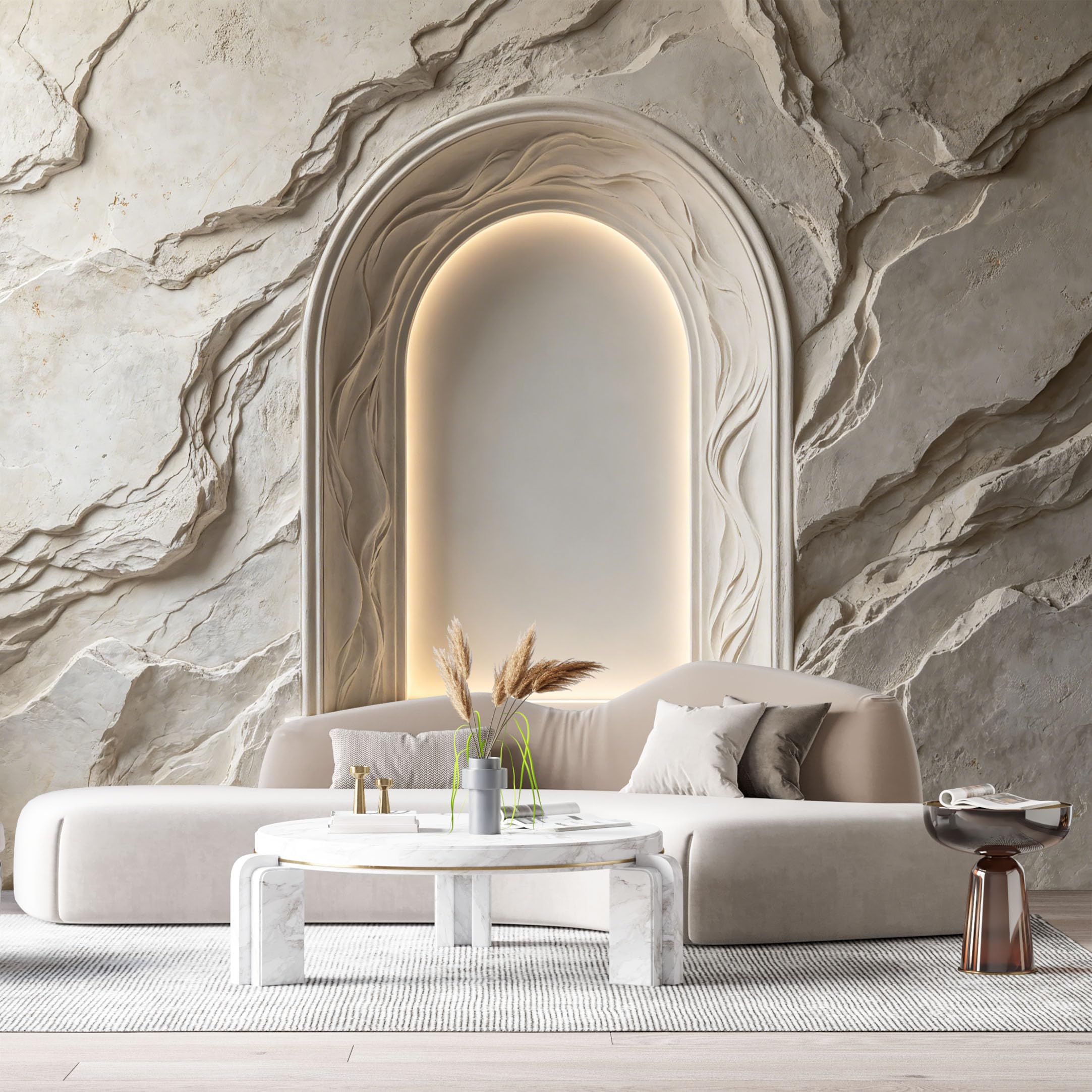 Custom Size Wall Murals Neoclassical Textured Arched Niche Stone 3D Trompe L'Oeil SelfAdhesiveWall Fabric Removable Wallpaper Wall Decor for Living Room Bedroom Bathroom