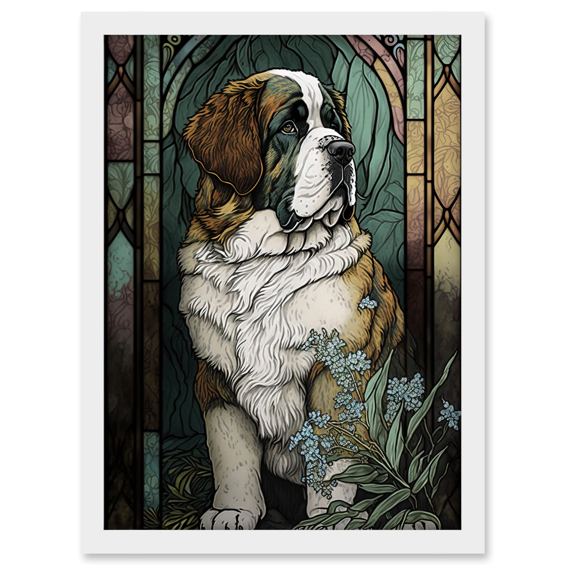 Artery8 St Bernard Dog with Silvery Lupine Flowers Modern Art Nouveau Illustration Artwork Framed A3 Wall Art Print