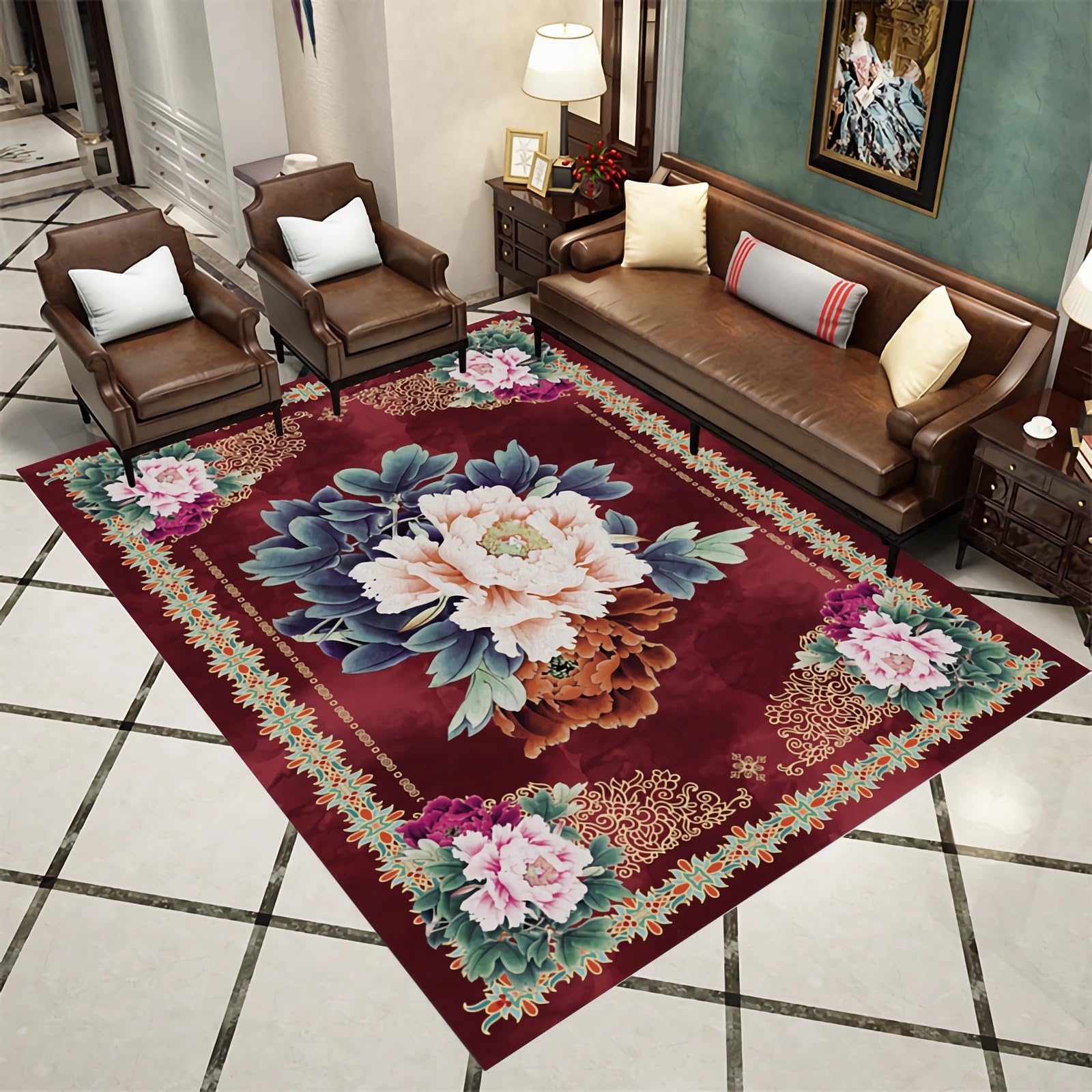 Accessori gaming room Tappeto resistente alle macchie e allo sbiadimento Design floreale rosso giallo blu,tappeti bambini cameretta tappeto per cameretta,60x160cm