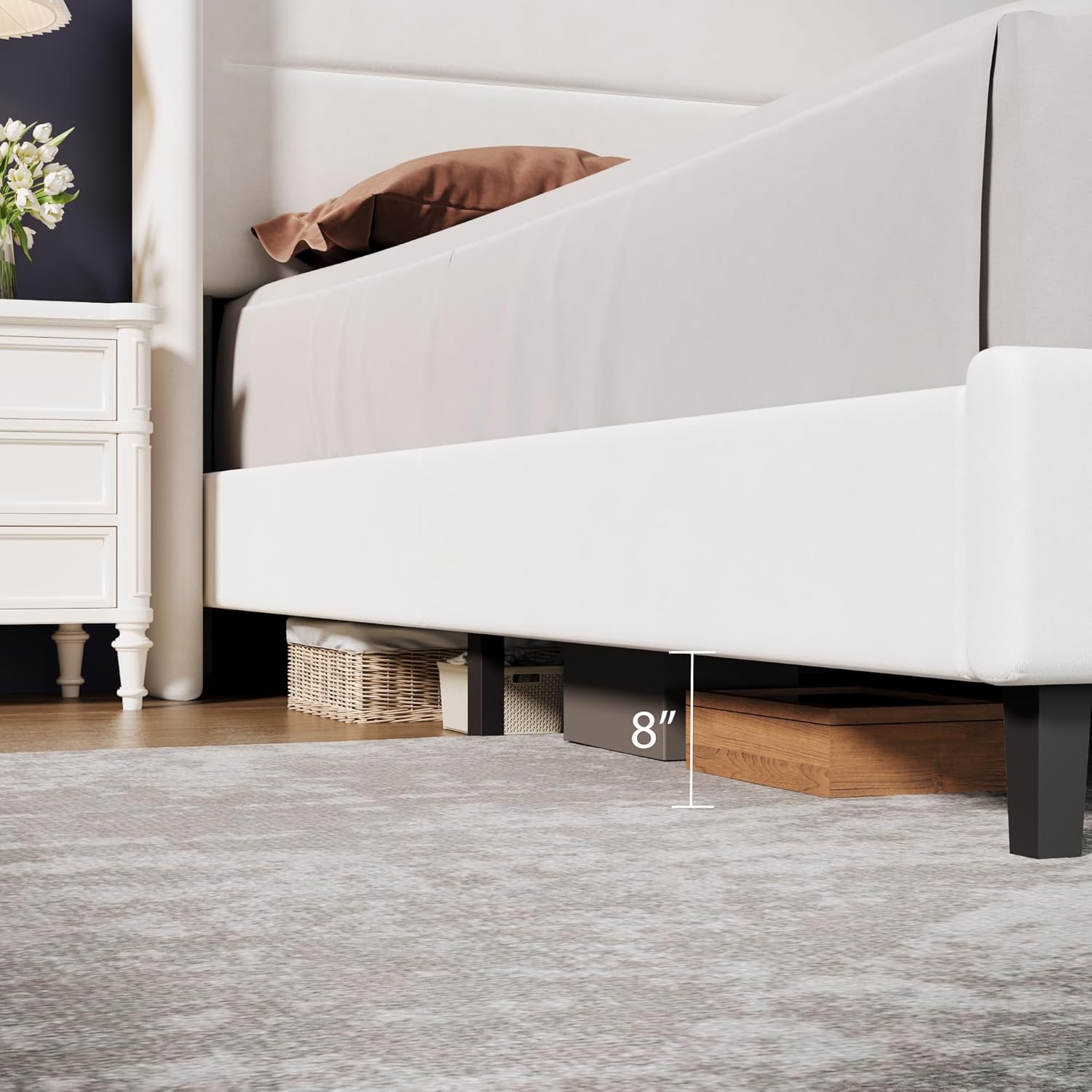 Queen Size Bed Frame with Wingback Headboard, Velvet Upholstered Platform Bedframe with Wood Slats, No Box Spring Needed, Easy Assembly, White