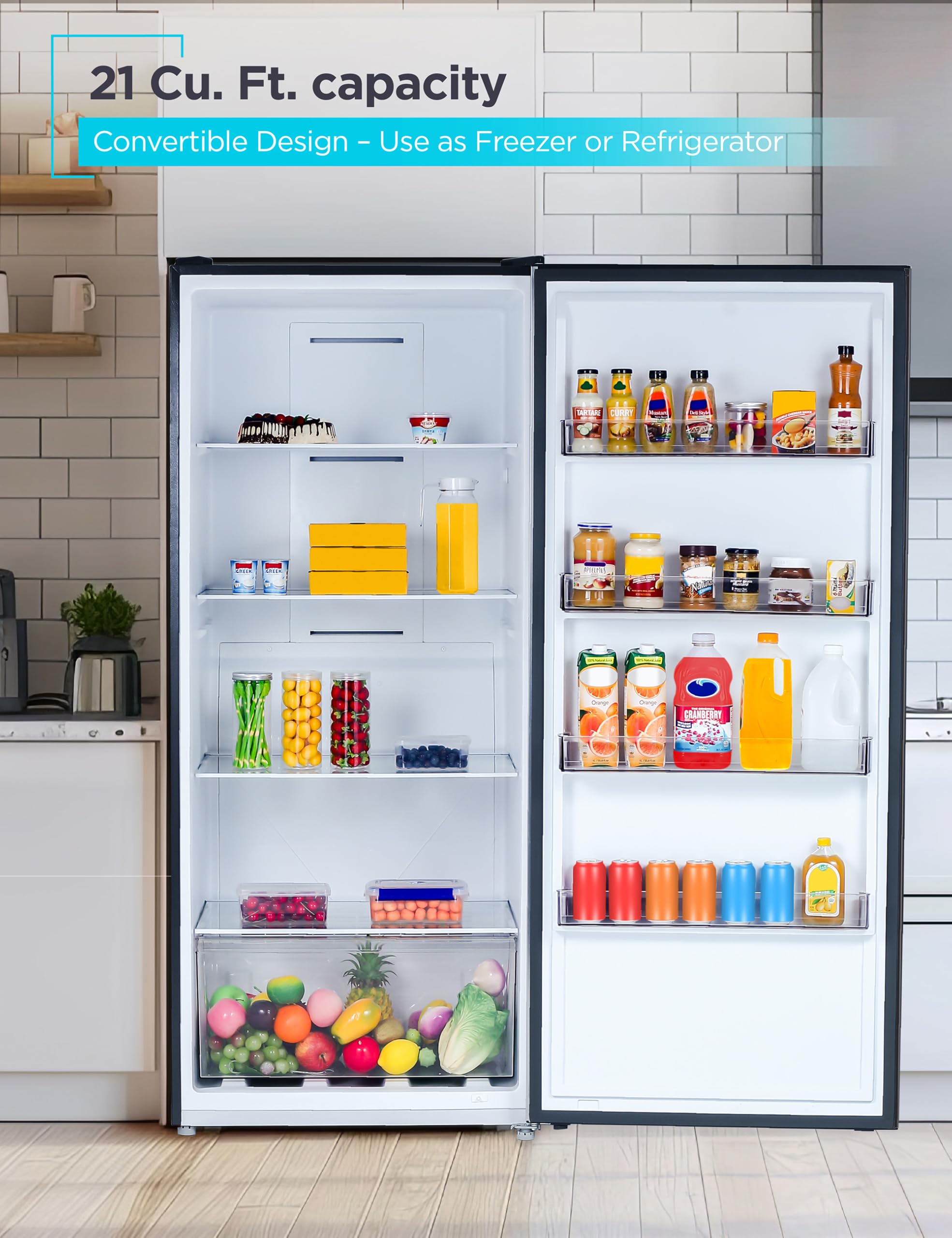 Black+Decker 21 Cu. Ft. Convertible Freezer Refrigerator, Upright Freezer Or All Fridge With Glass Shelves, Reversible Door, R600a Refrigerant, Energy Star Rated, Frost Free, Buc2100jb, Black on Fridge.com - View 2