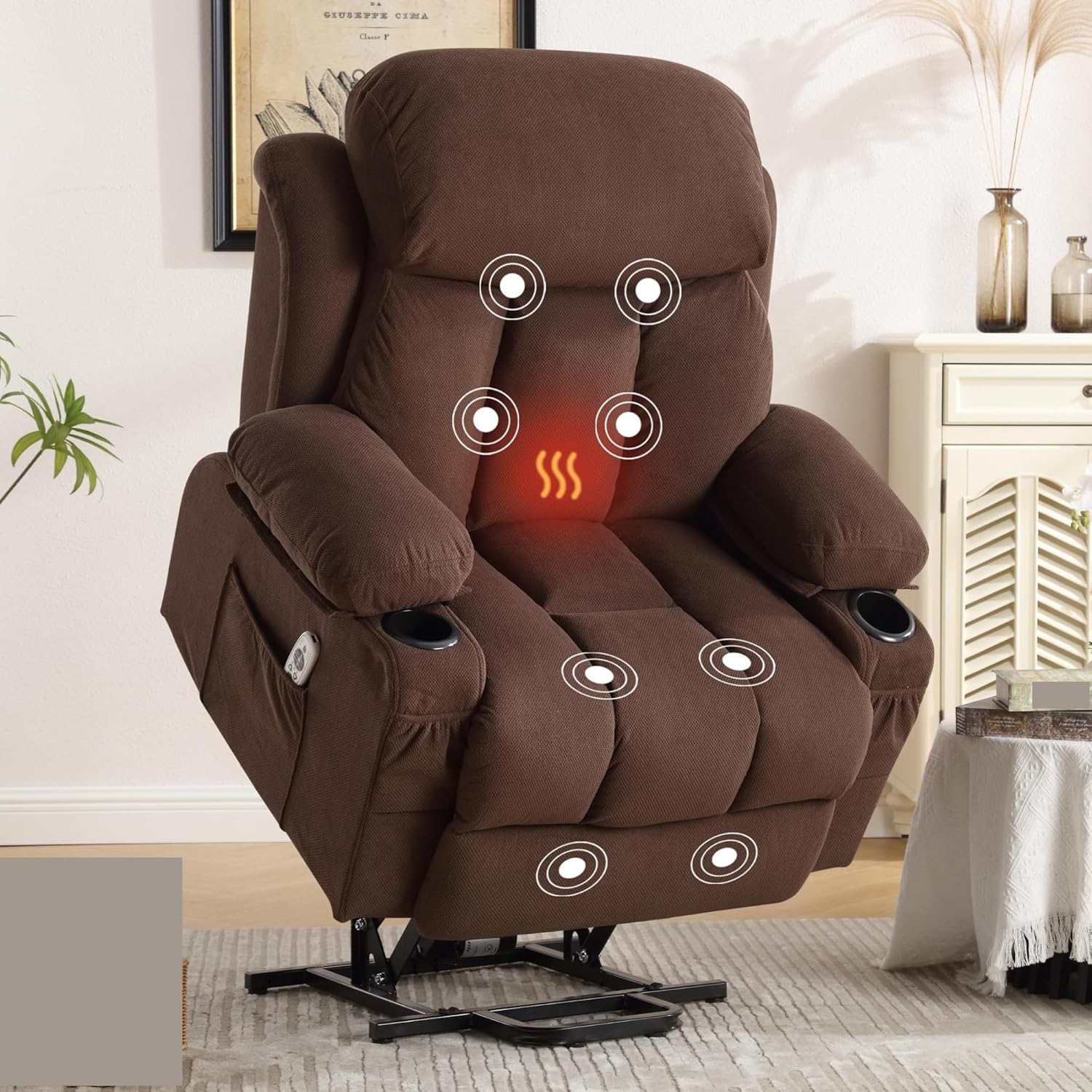 Oversized Single Sofa for Living Room with Vibration Massage and Lumbar Heating Electric Power Lift Recliner Chair with Cup Holder and USB Charge Port for Elderly