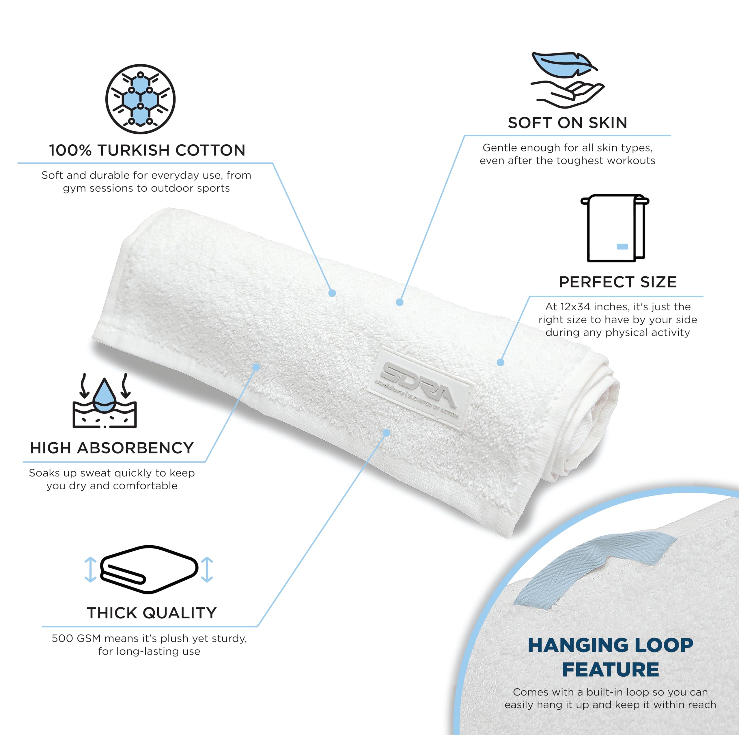 Suddora Cotton Sweat Towel (12”x34”), Cotton Gym Towels for Working Out, Soft & Breathable Sweat Absorbent Football Towels for Yoga, Sport, Running, Workout, Gym, Camping, Fitness &Workout (White)