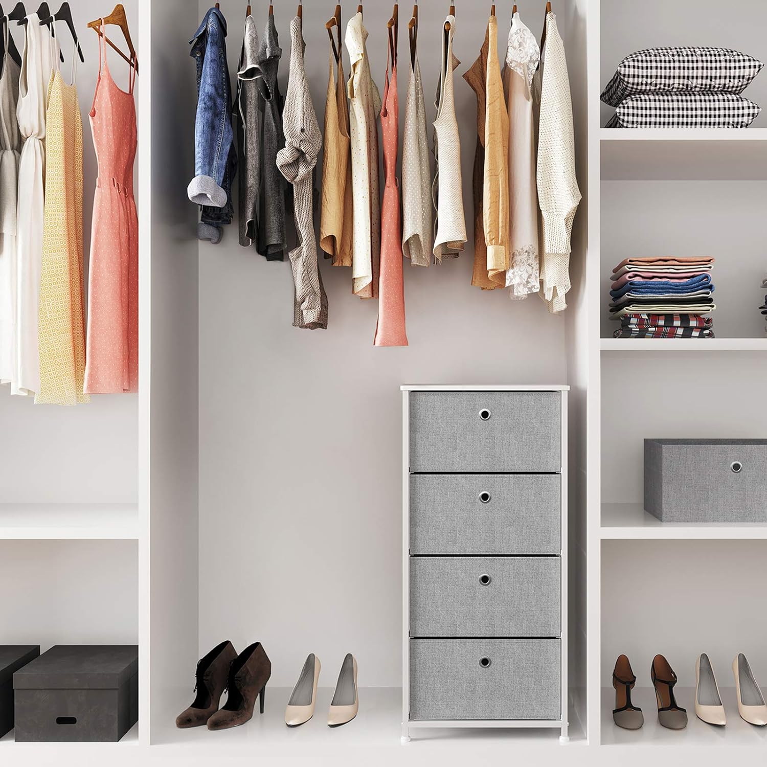 SONGMICS Nightstand, Dresser with 4 Easy Pull Fabric Drawers, Chest of Drawers, Storage Organizer with Metal Frame, Wooden Tabletop, for Living Room, Closet, Nursery, Light Gray and White ULTS04W : Home & Kitchen