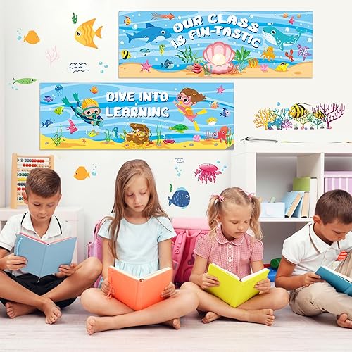 Miniatura 6 de Yeaqee 2 carteles con temática oceánica de 1 x 3 pies, telón de fondo de fotografía para aula, decoración de tablón de anuncios de bienvenida, telón