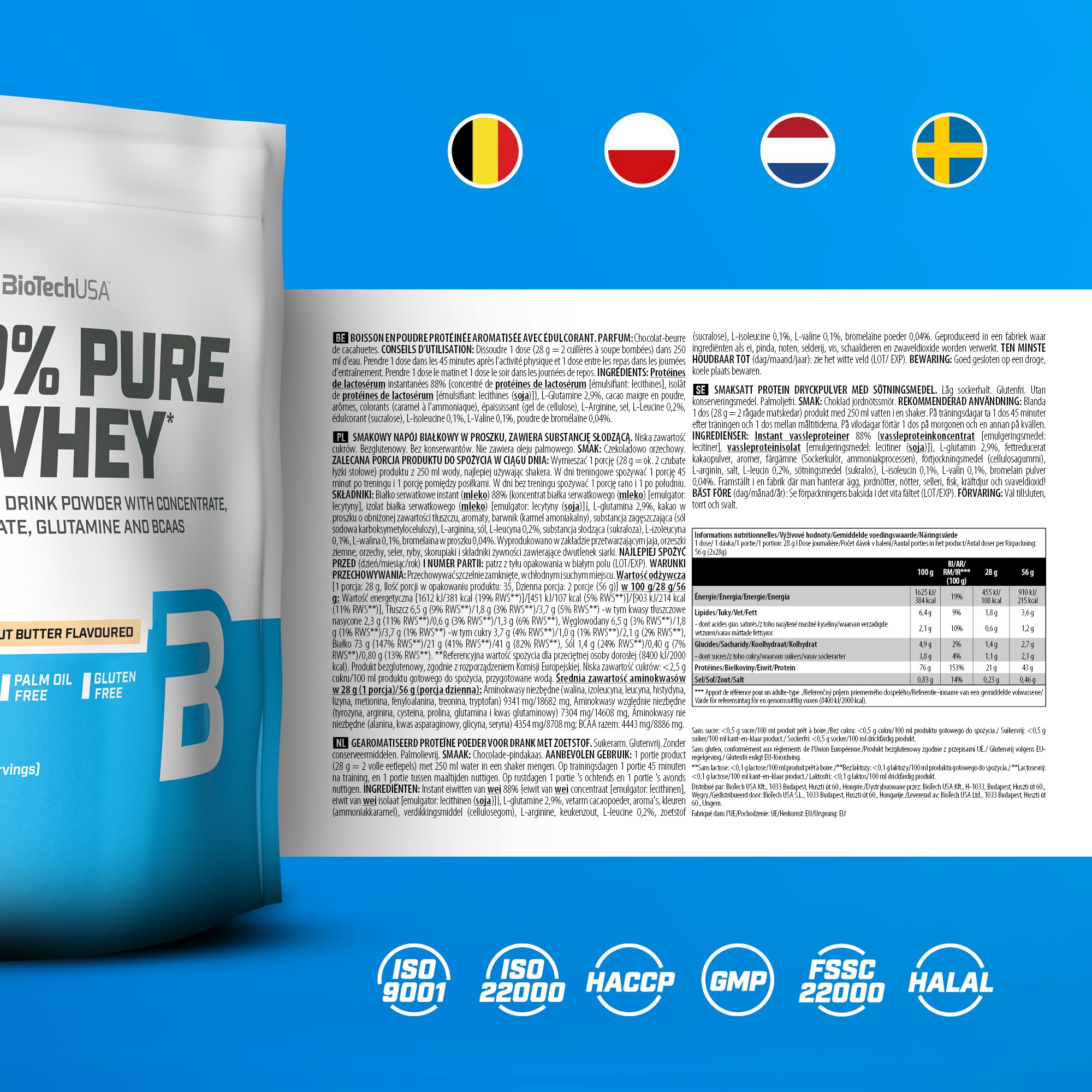 BioTechUSA 100% Pure Whey | Białko w proszku z BCAA i glutaminą | Bezglutenowe, bez oleju palmowego | 21g białka w porcji, 1 kg, Czekoladowe Masło Orzechowe