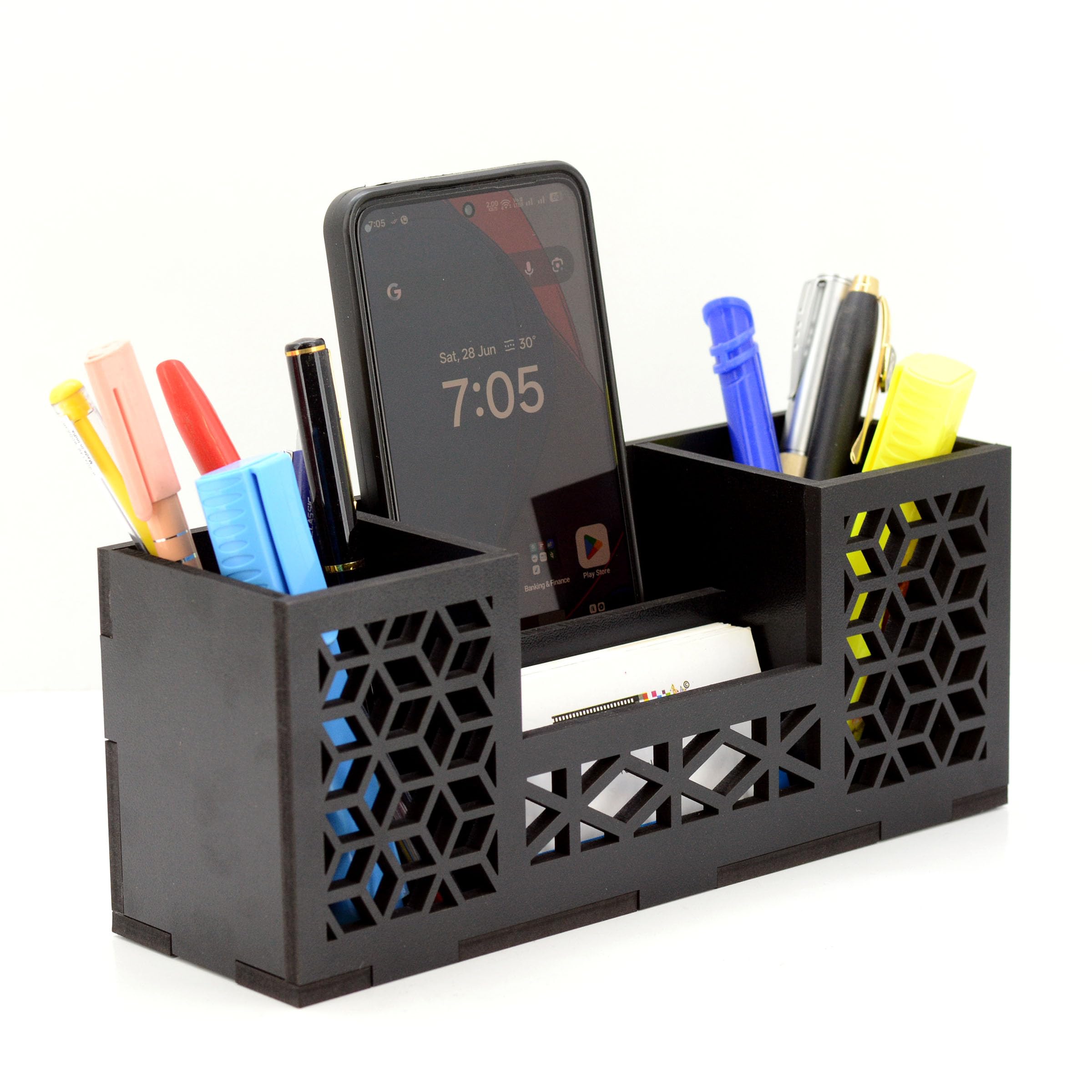 AJANTA ROYAL Wooden Desk Organizer with Phone Stand, 4 Compartments, Geometric Pattern, 22.9 x 7.7 x 9.5 cm (Black)