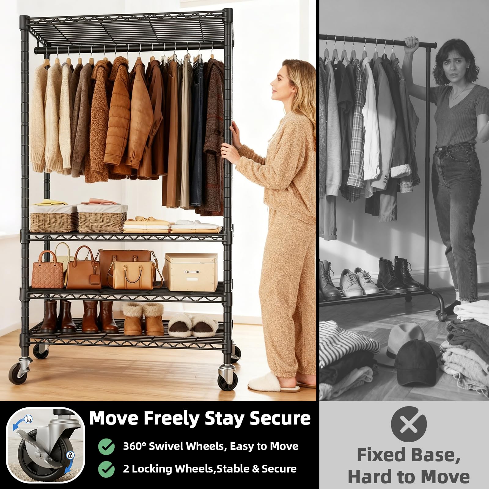 Kleiderständer auf Rollen mit Feststellbaren Rollen und Seitlichen Haken | Schwerlast Kleiderständer Metall Garderobenständer, Kleiderschrank offen für Schlafzimmer, Wohnzimmer - 90 D x 43,5 W x 180 H