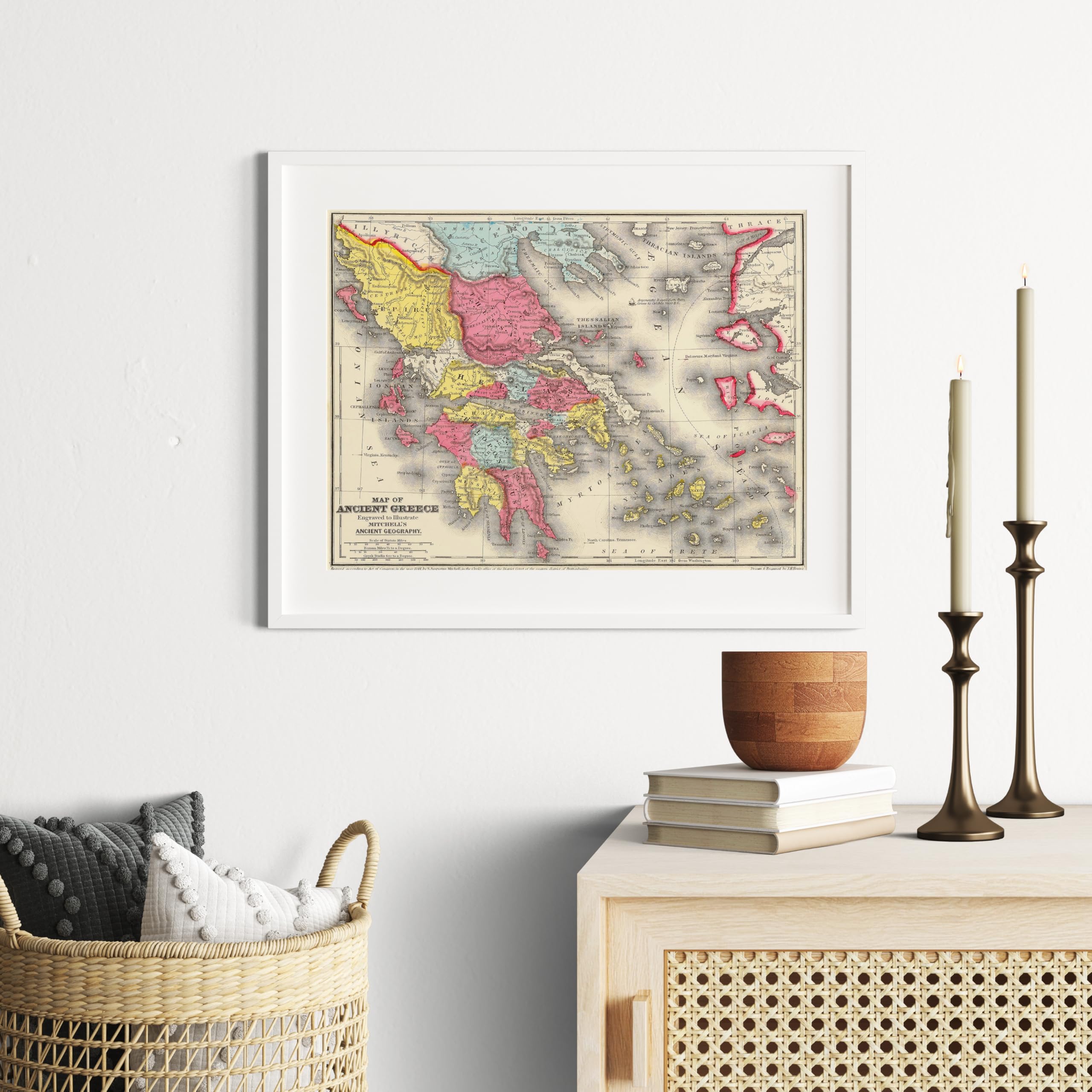 Impresión de mapa histórico de la Grecia antigua de 1875, Atlas clásico de Mitchell, 61 x 45 cm