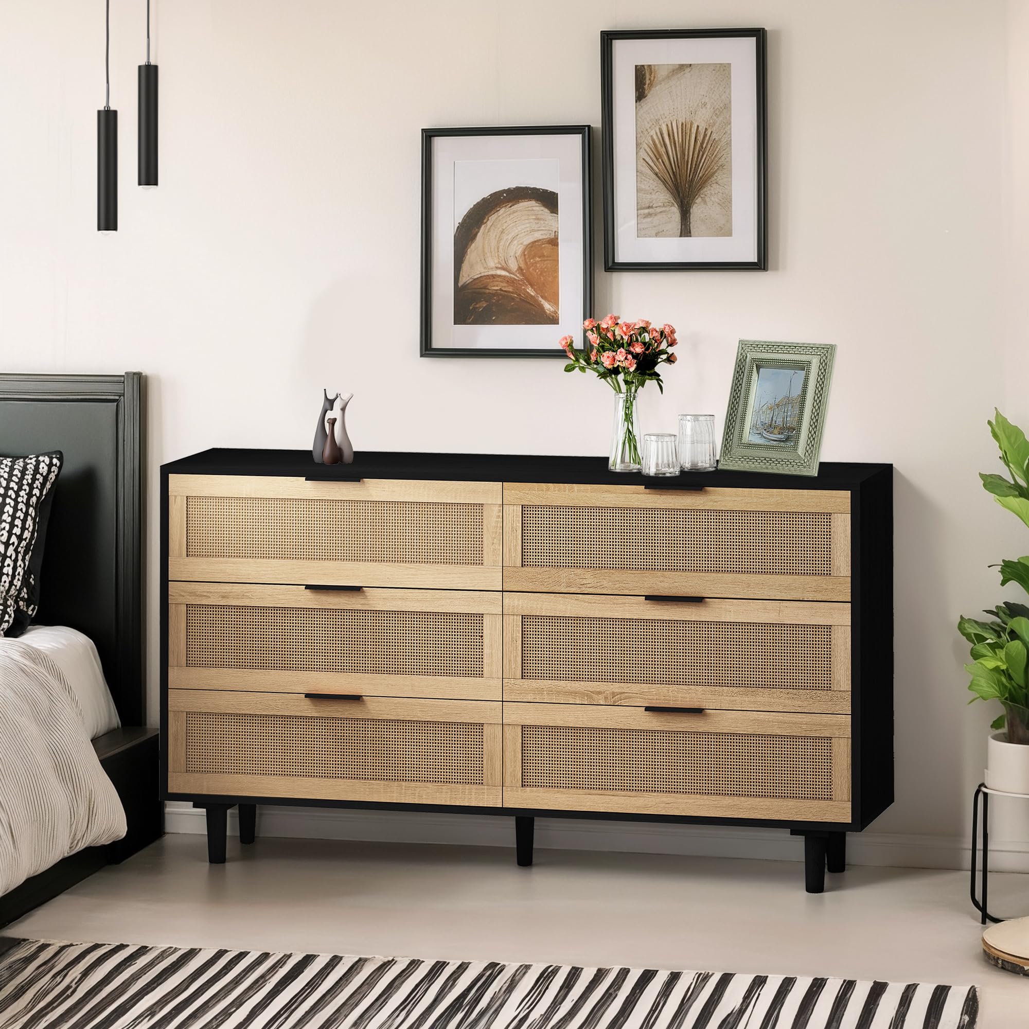 black boho dresser Nathan James Set of 2 Andrew 3 Drawer Rattan Dresser Black/Light Oak main image 1