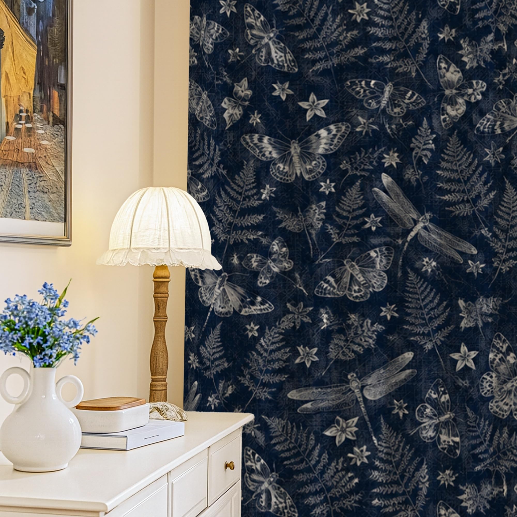 Rideaux occultants infroissables bleu marine motif printemps libellule 132x213