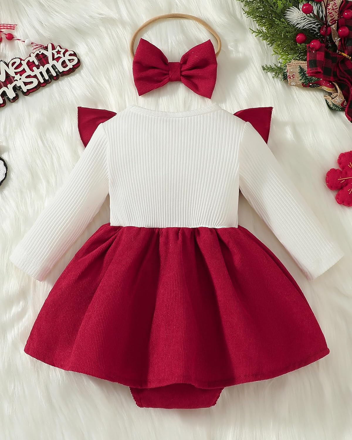 Newborn Baby Girl Fall Winter Outfits Infant Ribbed Romper Dress Ruffle Long Sleeve Clothes Jumpsuit with Bow Headband - Image 5