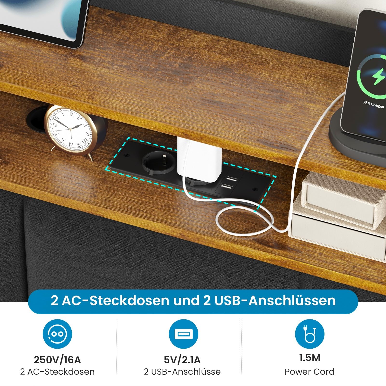 Brinlawb Polsterbett 140x200 cm Schwebebett mit LED-Beleuchtung, Kopfteil und Ladestation(2 AC-Steckdosen, 2 USB-Anschlüsse), Bett 140x200 mit Stauraum, Modern Doppelbett mit lattenrost, Leinen, Grau