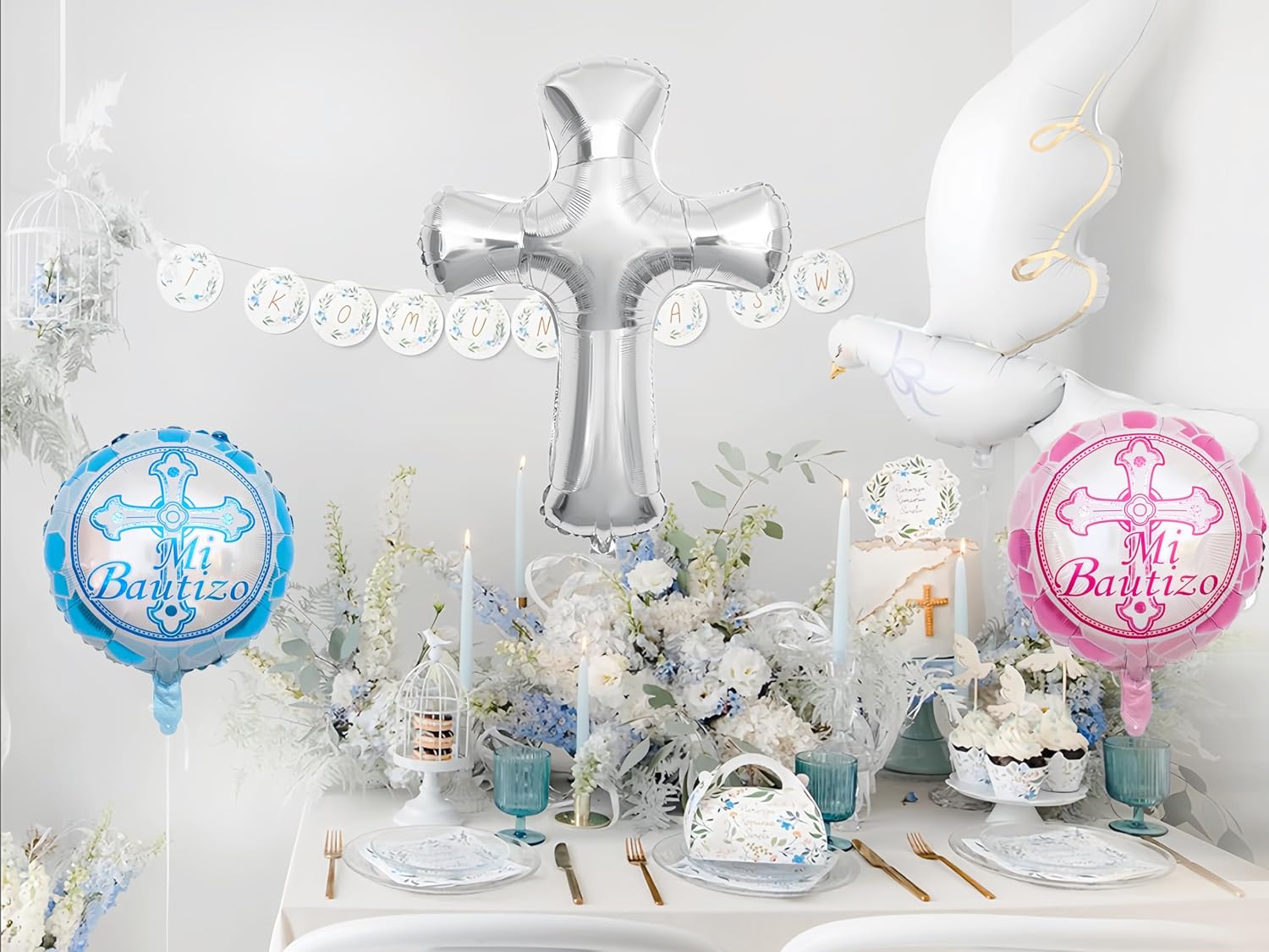 5Pcs Silver Cross Jumbo Baptism/First Communion Party Decor for Boys & Girls - Shiny Star Balloon - Birthday, Wedding, Christmas, Christening Religious Home Outdoor Decoration image 4