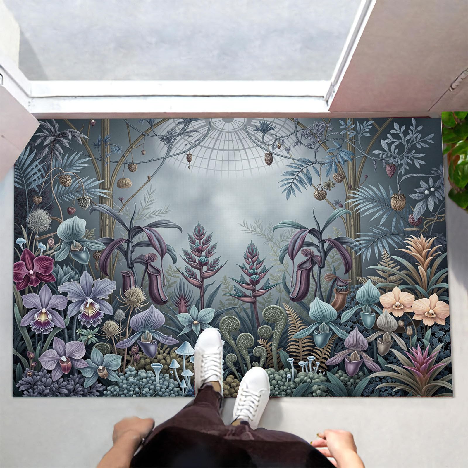 Zerbino Interni Paesaggio Botanico Gotico 80X120Cm, Antiscivolo Lavabile, Tappeto Da Ingresso Fiori Misteriosi Foresta, Tappetino Pelo Basso Antipelo Per Porta D’Ingresso, Grigio Antracite