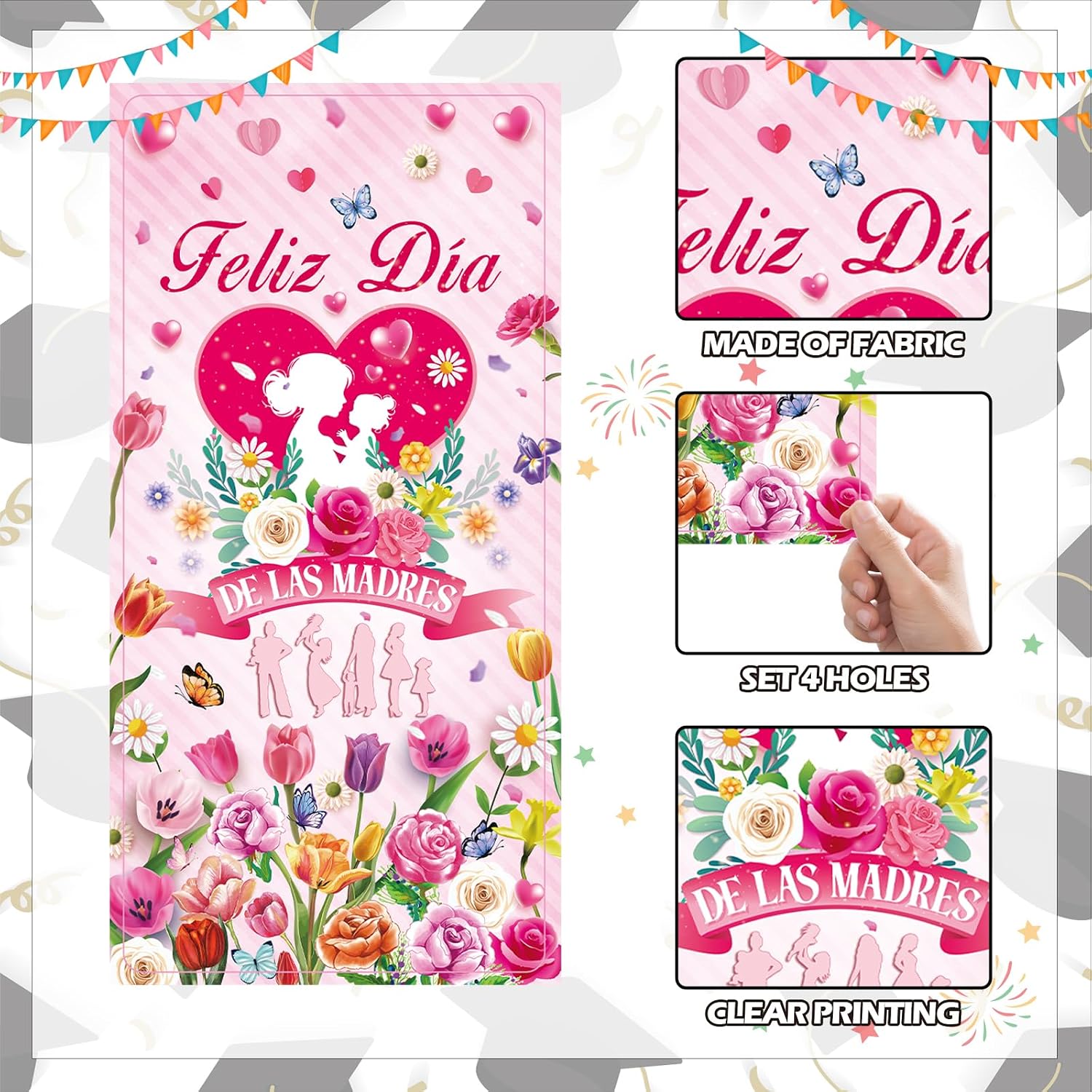 Feliz Dia De Las Madres Decorations, Happy Mother's Day Door Cover Banner Decorations for Home Party, Gracias Mama Celebration Event Outdoor Holiday Party Decoration Supplies