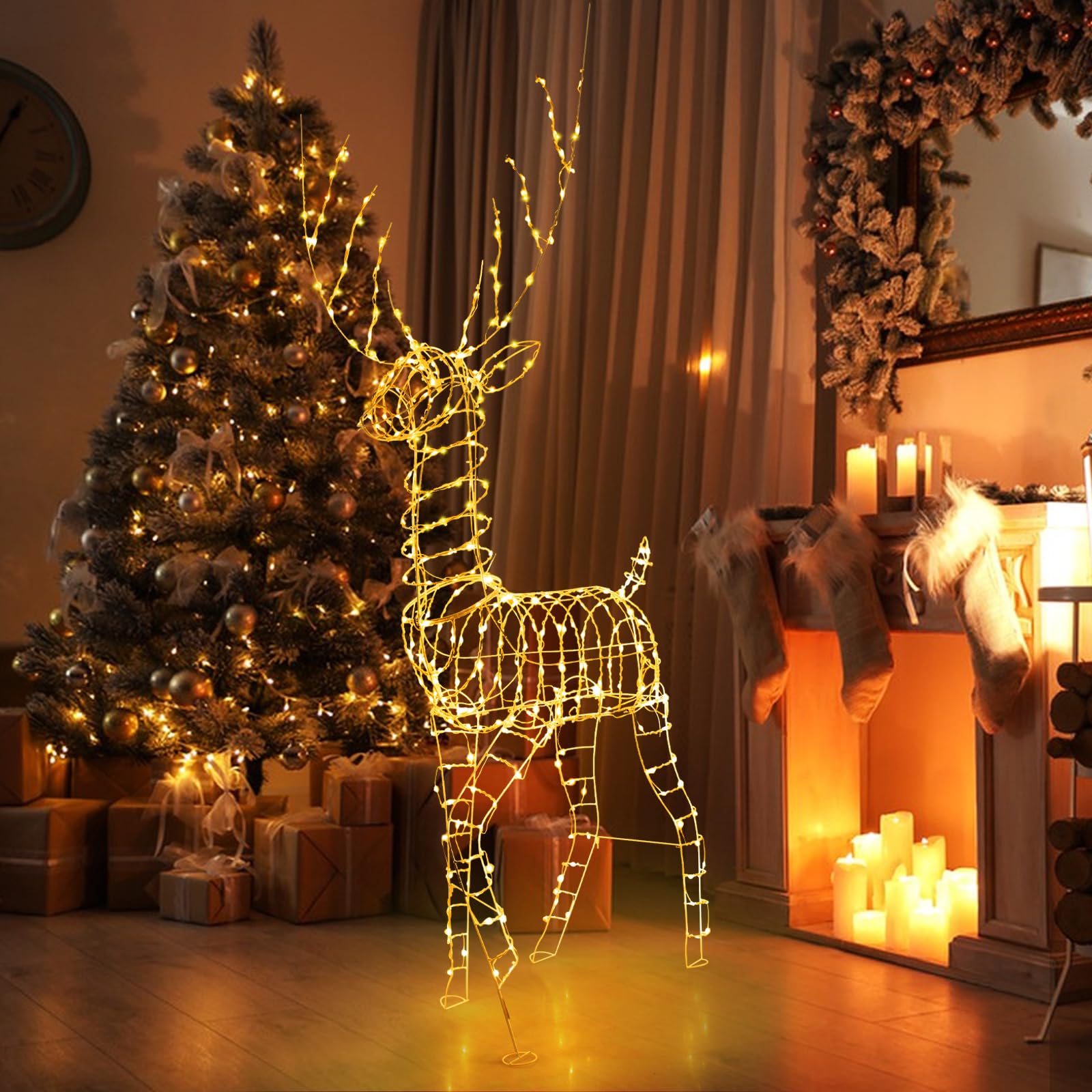 GOPLUS 186cm LED Rentier Weihnachtsdeko, beleuchteter Weihnachtshirsch Metall Gold, Weihnachtsdekoration Rentier mit 300 warmweißen Lichtern, Weihnachtsbeleuchtung Rentier für Außen Innen Dekoration