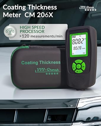 Paint Thickness Gauge CM-206X Automotive Coating Thickness Meter 059.1 mils (01500 m), 0.001 mils Resolution, Fe/NFe/Zn Auto Detection, Ruby Probe
