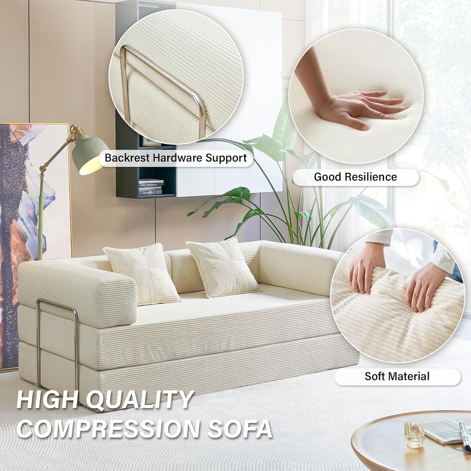 Compression Sofa - 78''Convertible Floor Sofa Bed - with Pillow Back Support Armrest - Comfy Foldable Sofa Bed Compressed Sofa in Box - Corduroy Fabric - for Living Room Bedroom(White)