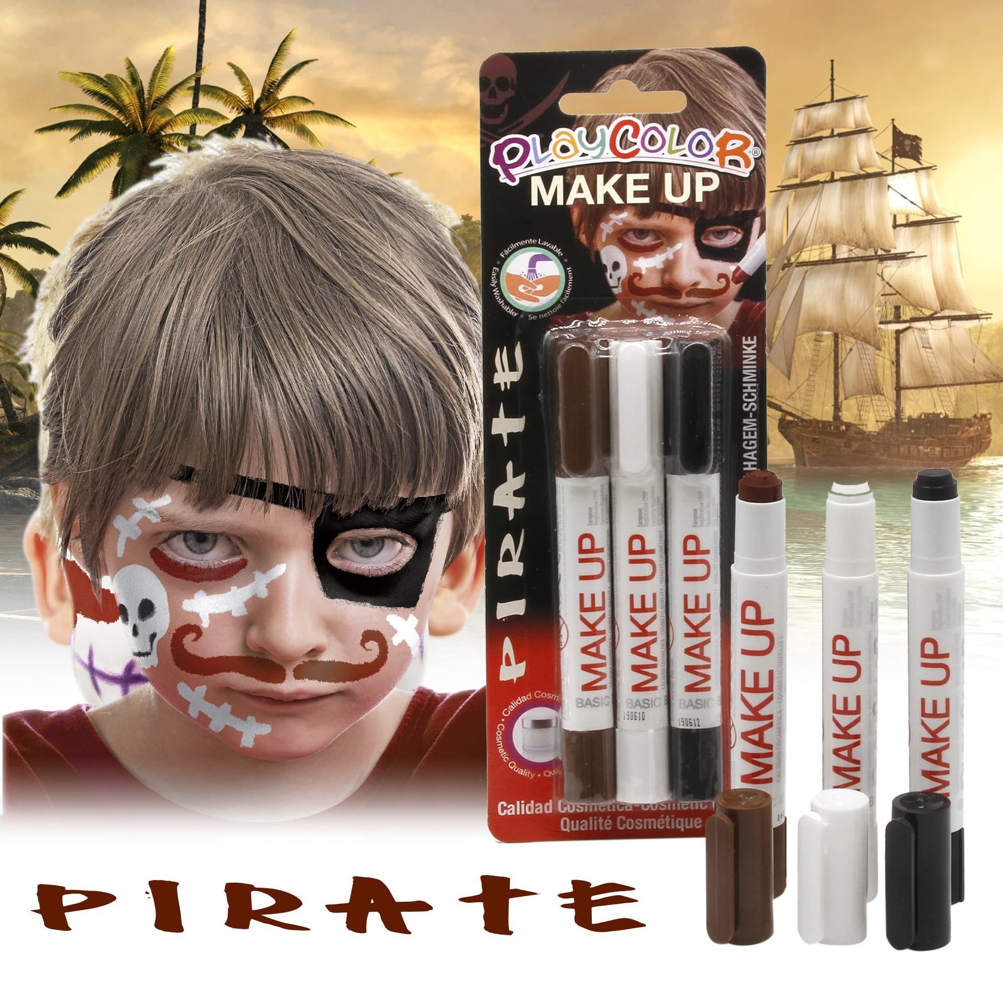 Playcolor Make Up Thematics – Maquillaje Facial Pirata Pocket Con 3 Colores, Blíster De 3 Unidades