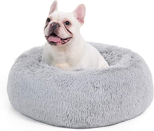 Bedsure Donut Dog Bed Medium - Fluffy Calming Puppy Beds, Round Washable Doughnut Kitten Cat Large Sofa Bed, Light Grey, 60×60×20cm