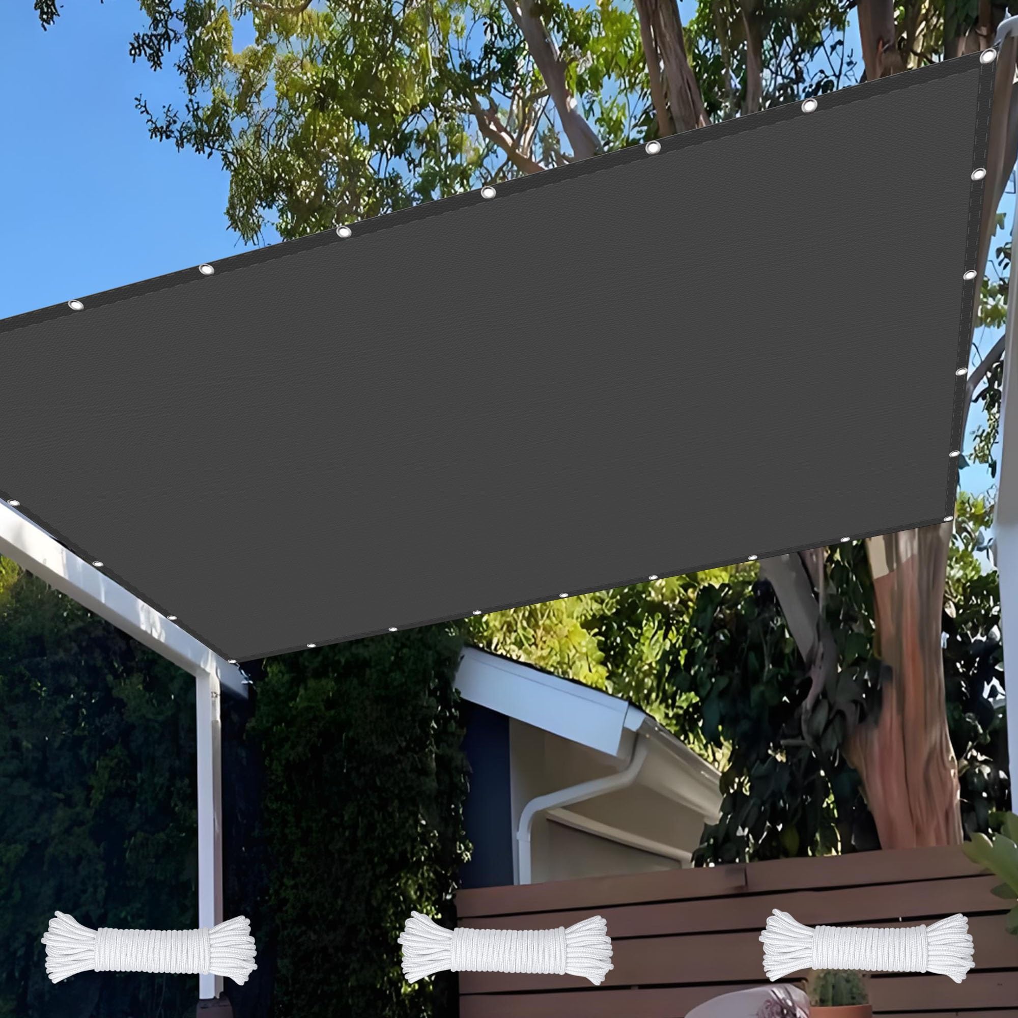 Camping Tarp 2.4 x 7.5 m Pes Polyester, 98% UV Block Garden Netting with Free Rope with Grommets Pes Sun Shades Outdoor Garden Patio Party, Ciemny szary