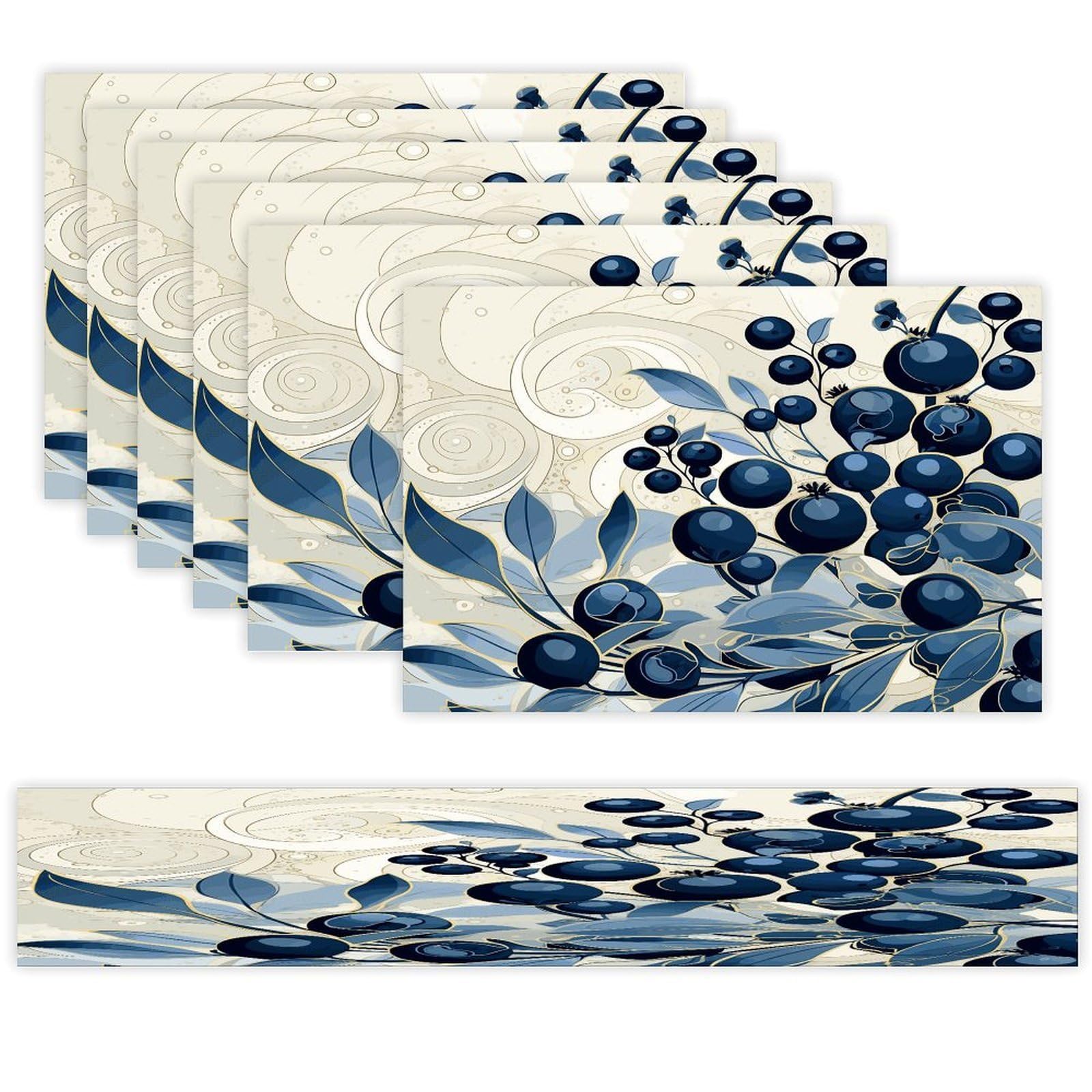 Field of Blueberries Table Runner and Placemats Set of 6 for Kitchen Washable Table Mats Heat Resistant Place Mats Non-Slip Place Mat Wipeable Placemat(6 Placemats+1 Table Runner)