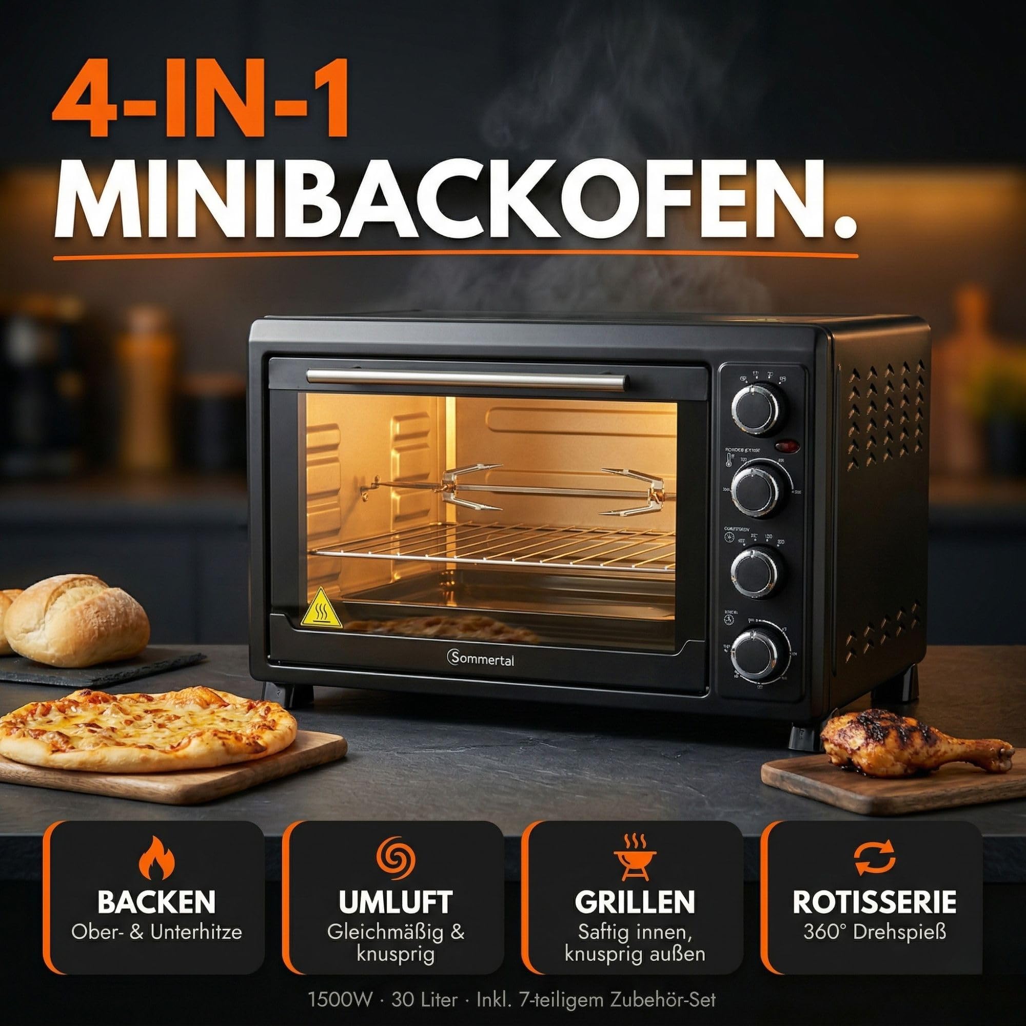 Sommertal Minibackofen 45L mit Drehspieß & Umluft, 2000W, 100–230°C, 60 Min Timer, Hähnchengrill Backofen, Mini Backofen 45 Liter mit Konvektion, Backen, Grillen & Pizza, inkl. 7-tlg Zubehör