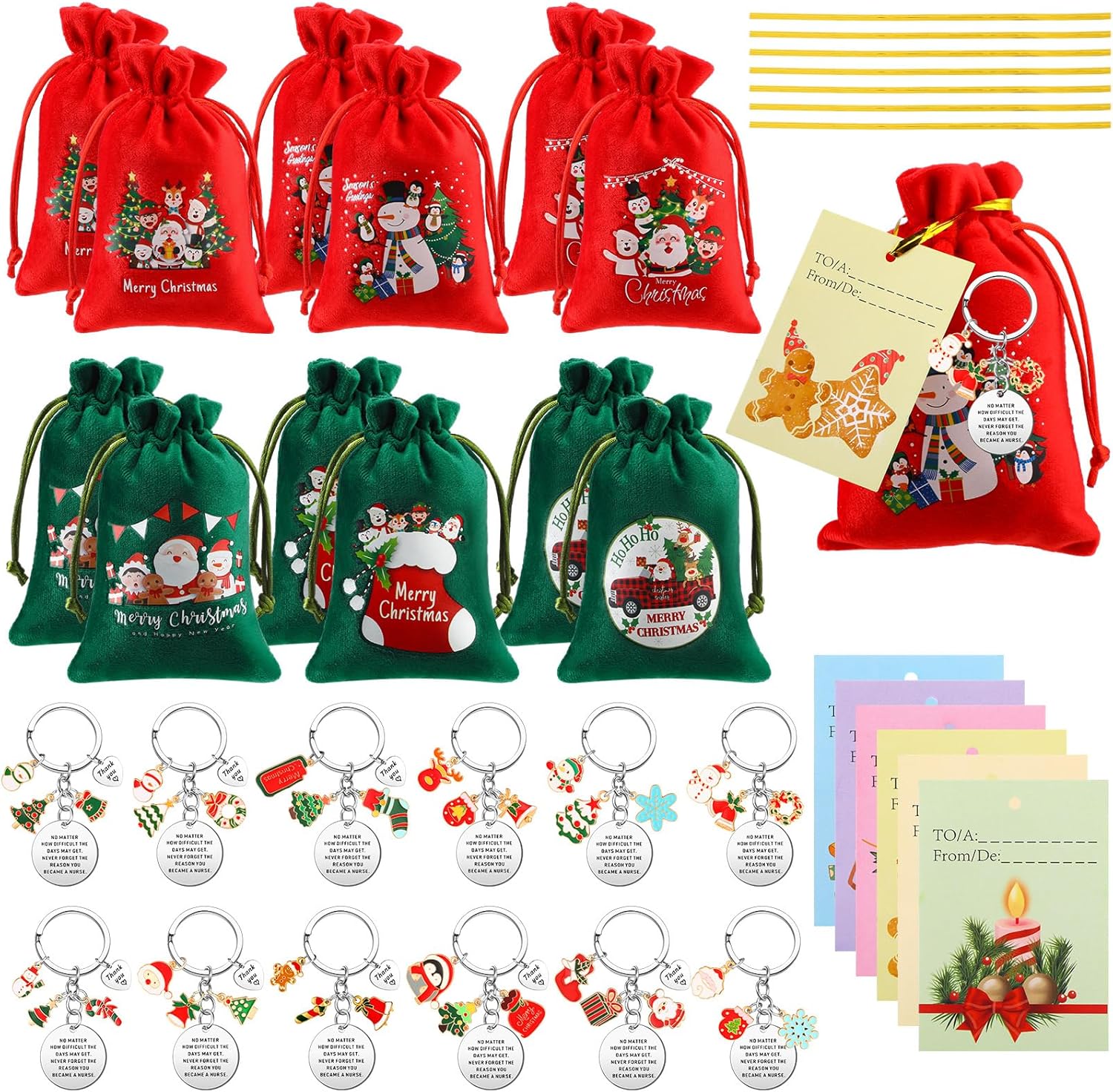 36 Pcs Thank You Gifts Nurse Inspirational Gift Appreciation Gifts for Employee Coworkers Appreciation Keychain with Flannel Drawstring Christmas Gift Bags Christmas Greeting Card for Nurse